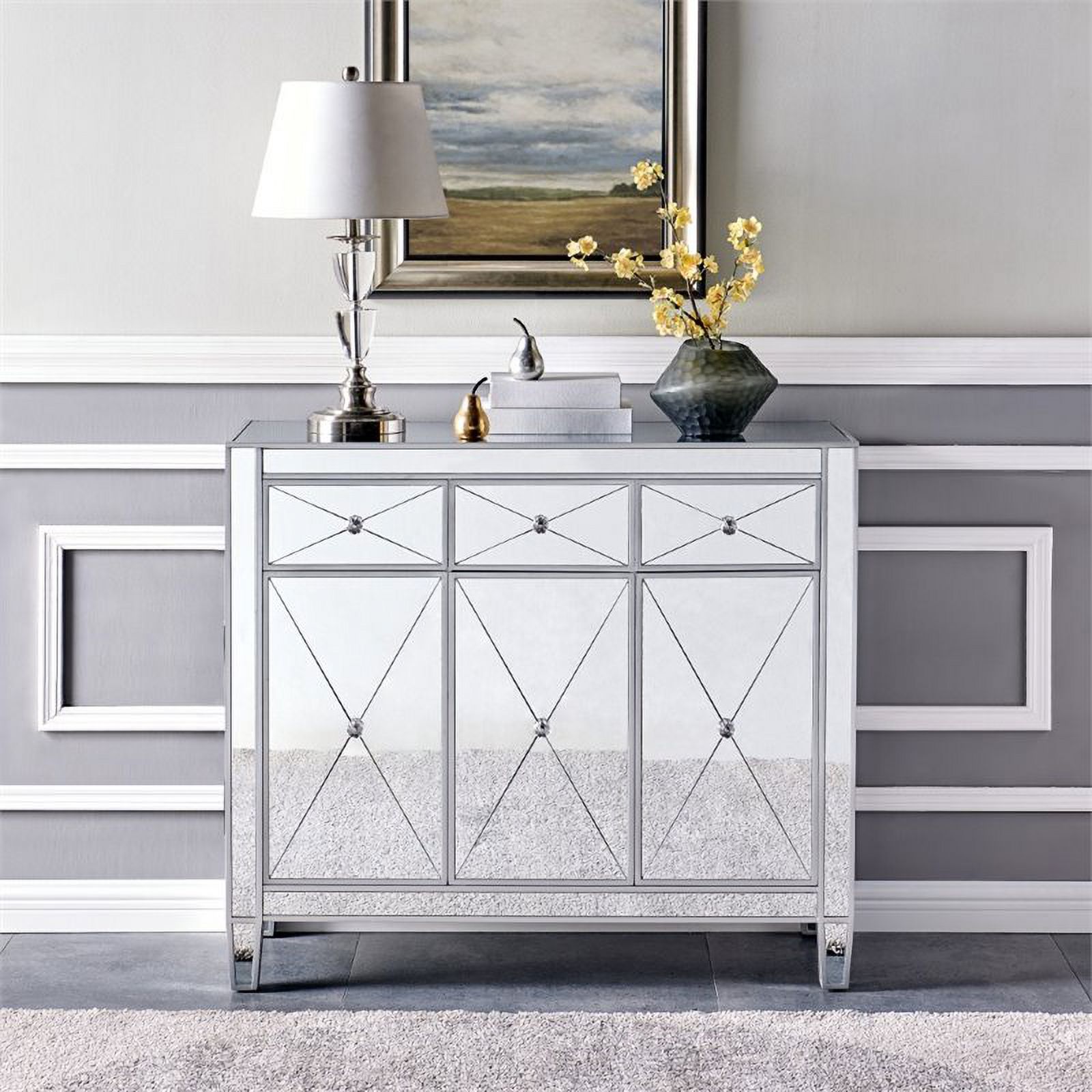 Maklaine Transitional 3 Door Mirrored Glass Sideboard in Matte Silver