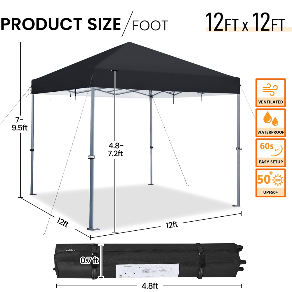 Topeakmart 12x12ft Pop-up Canopy with One-Push-To-Lock Setup, Black