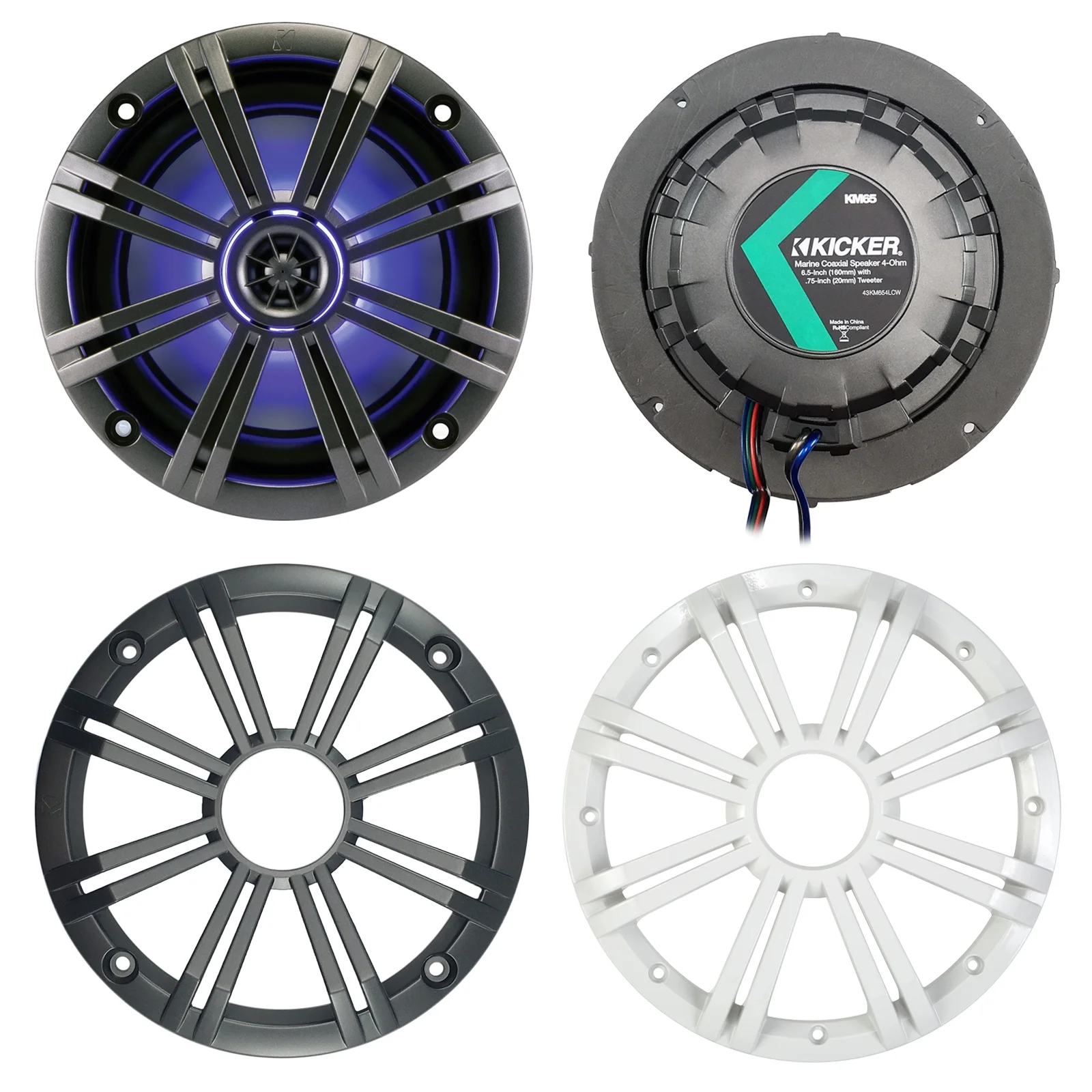 4x Kicker KM8 8-INCH Marine Coaxial Speakers, 4x Kicker KMTESW 8