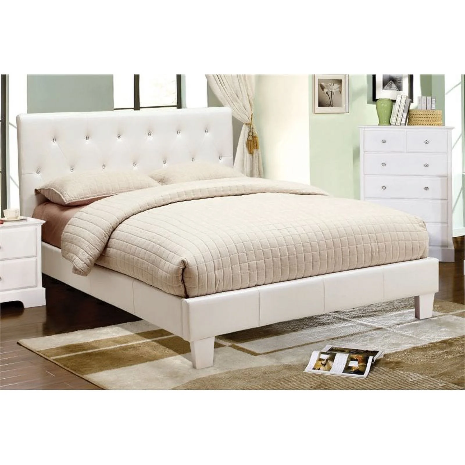 Bowery Hill Contemporary Faux Leather King Platform Bed in White