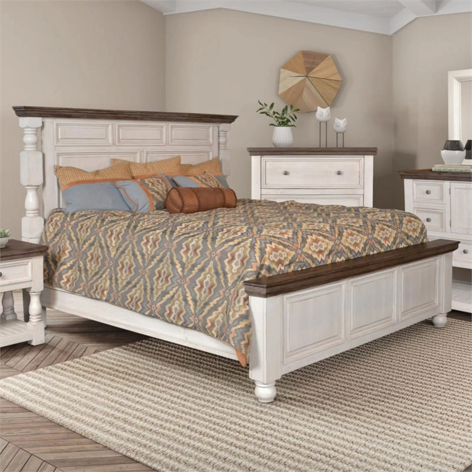 Sunset Trading Rustic French King Panel Bed - Distressed White and Brown Solid Wood
