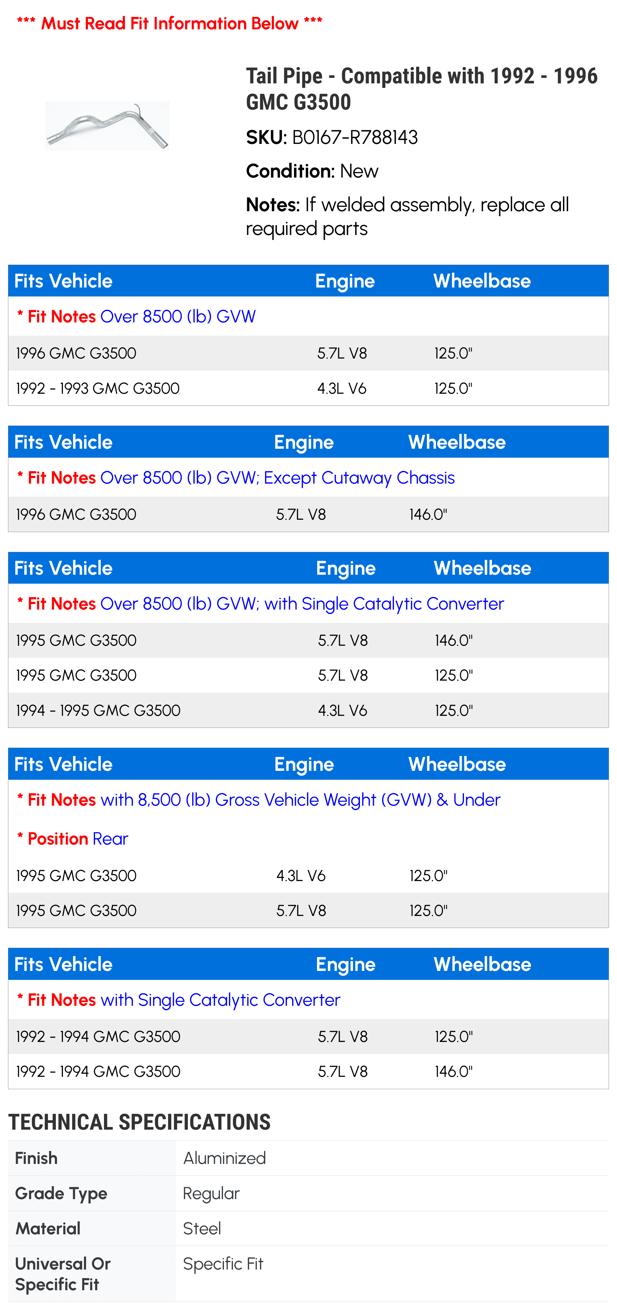 Tail Line - Compatible with 1992 - 1996 GMC G3500 1993 1994 1995