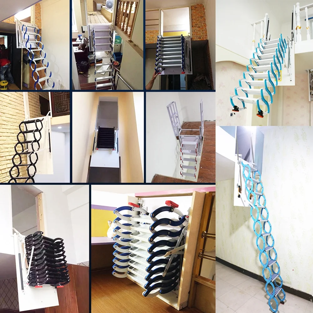 PreAsion Blue Side-mounted Loft Wall Ladder Stairs Al-mg Alloy Pulldown Wall Folding Stairs Attic Access Extension Ladder 11 Pedals