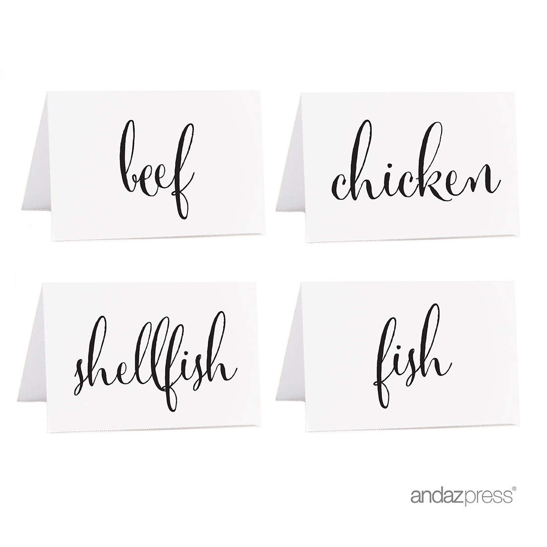 Beef, Chicken, Fish, Shellfish Black Food Station Buffet Menu Place Cards, Formal Black & White, 20-Pack