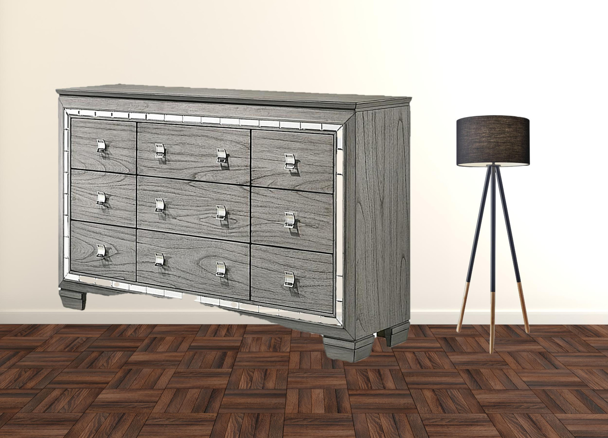 HomeRoots 490460 41 x 64 x 18 in. Light Gray Oak Manufactured Wood Nine Drawers Triple Dresser