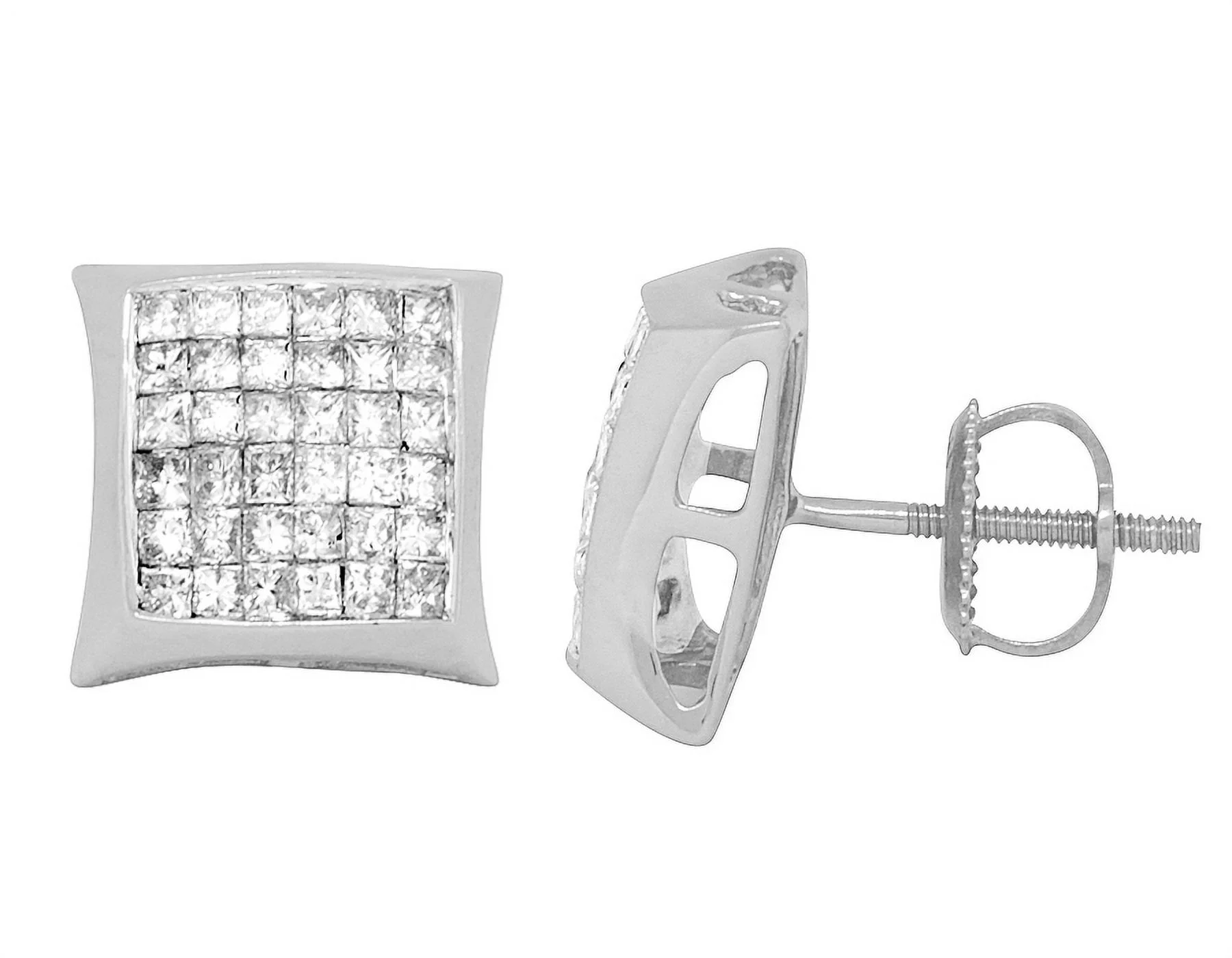 Unisex 14K White Gold Princess Invisible Diamond Kite Stud Earrings 1.50ct