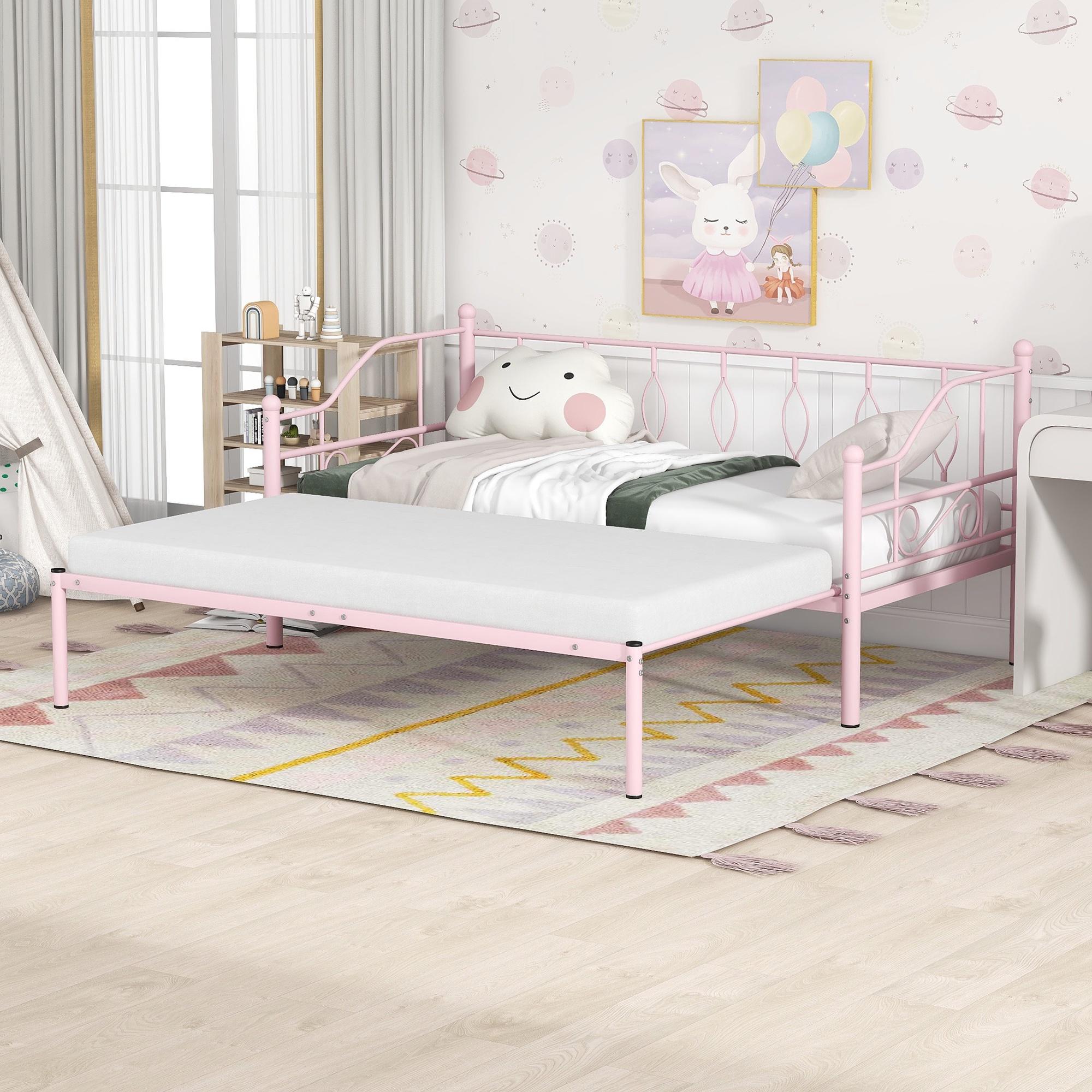 Syngar Daybed with Trundle, Metal Twin Daybed for Living Room/Bedroom, Twin Size Sofa Bed with Pull-out Trundle, Space Saving Design, Modern Home Platform Bed Frame, No Box Spring Needed, Pink