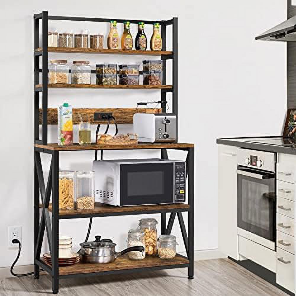 5 Tiers Kitchen Bakers Rack With Power Outlet, Kitchen Storage Rack Coffee Bar Table With Storage Shelves, Microwave Stand Kitchen Organizer Shelves For Spices, Pots And Pans, Rustic Brown
