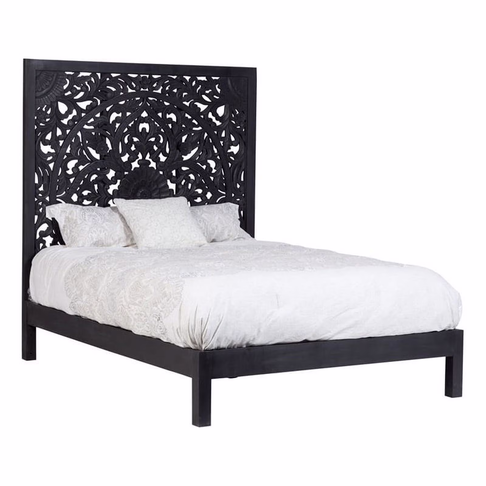 Lombok Hand Carved Floral Queen Bed - Black