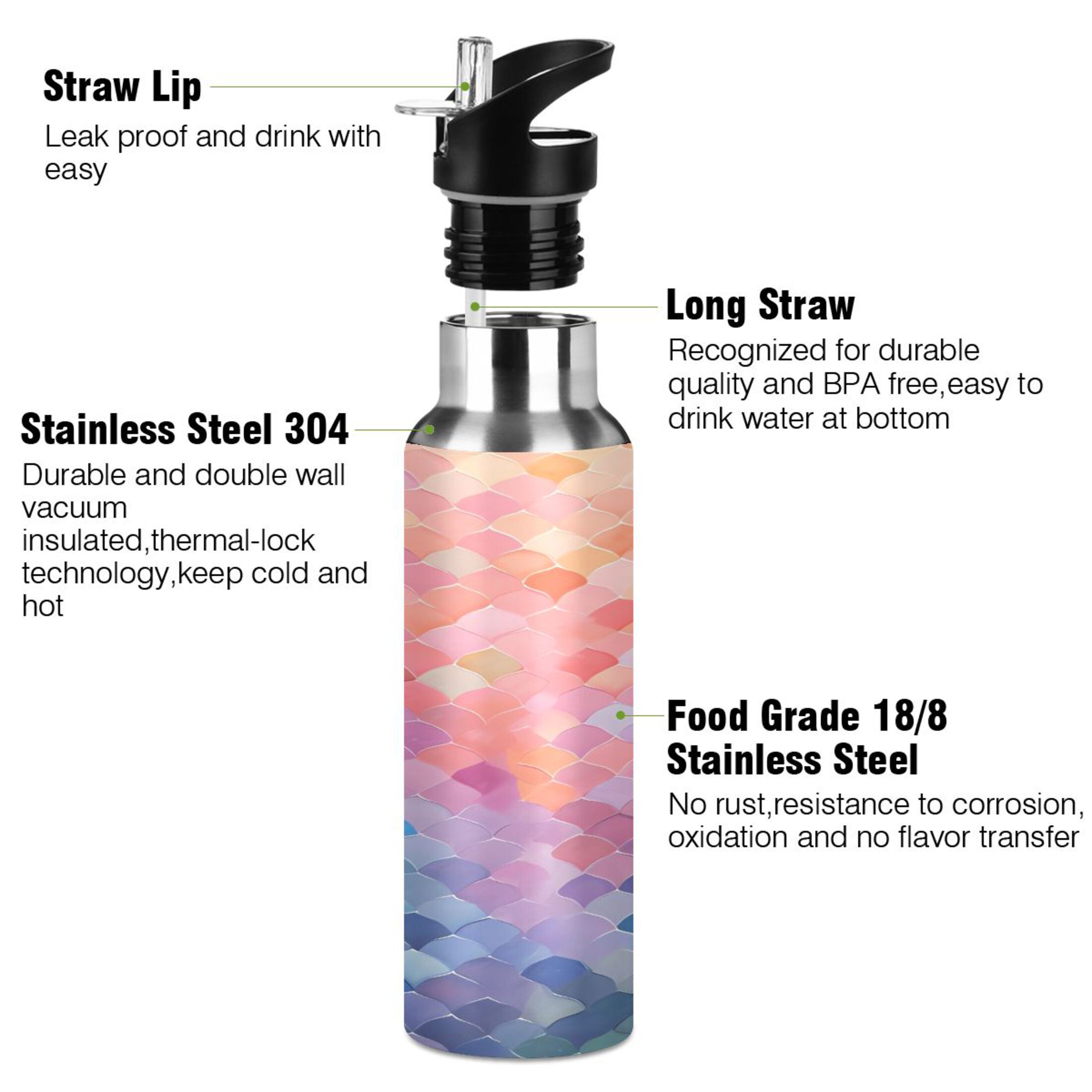 Water Bottle with Straw Lid Leak Pink Colorful Stainless Steel Insulated Thermos Vacuum Flask for Cold Hot Drinking for Sports Camping Gym Yoga