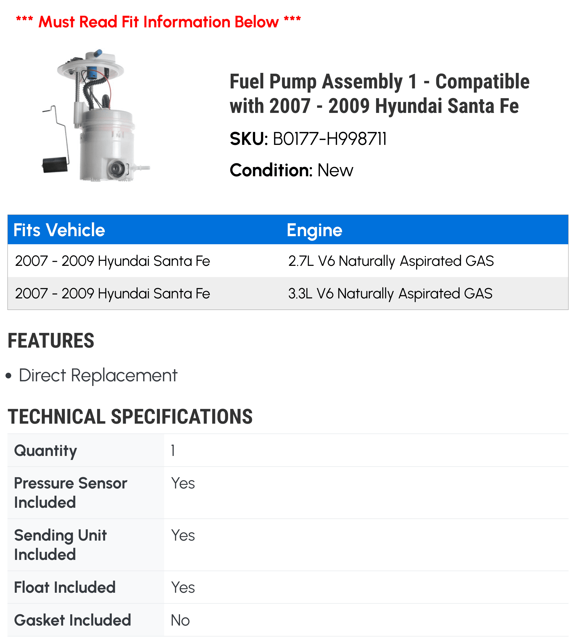 Fuel Pump Assembly 1 - Compatible with 2007 - 2009 Hyundai Santa Fe 2008