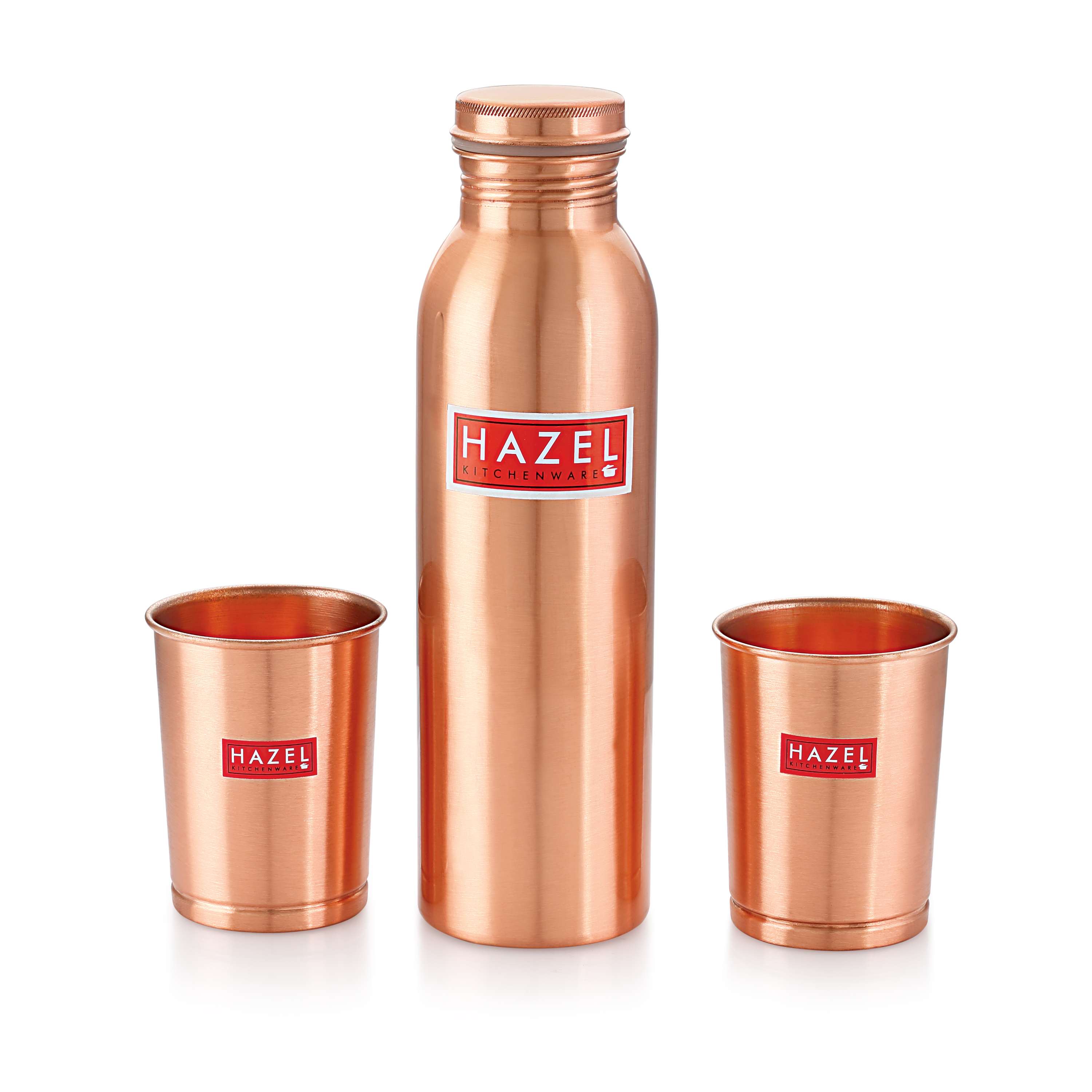 HAZEL Copper Bottle for Drinking Water | Copper Water Bottle, 28oz & 2 Glasses, 10oz