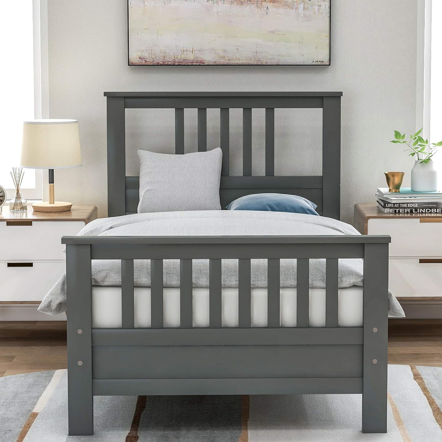 Size Bed Frame With Headboard And Footboard, Wooden Platform Bed Frame With Sturdy Slat Support, No Box Spring Needed (, Grey)