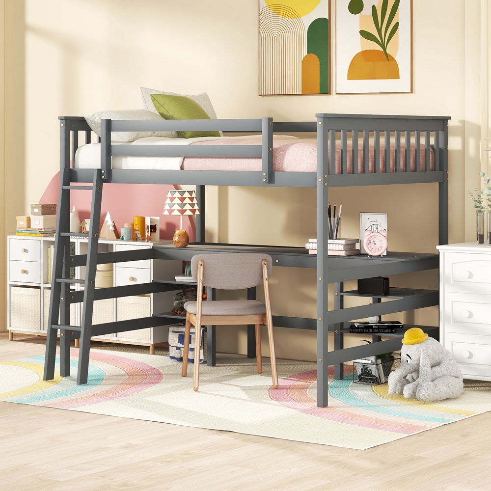 YEAG Sturdy Wooden Frame Full Size Loft Bed with Desk and Shelves, Gray