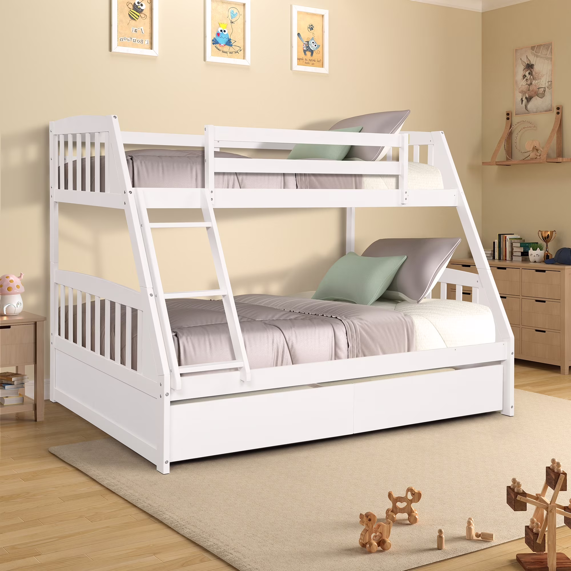 Home Adores Marco Solid Wood Twin Over Full White Bunk Bed with Two Storage Drawers