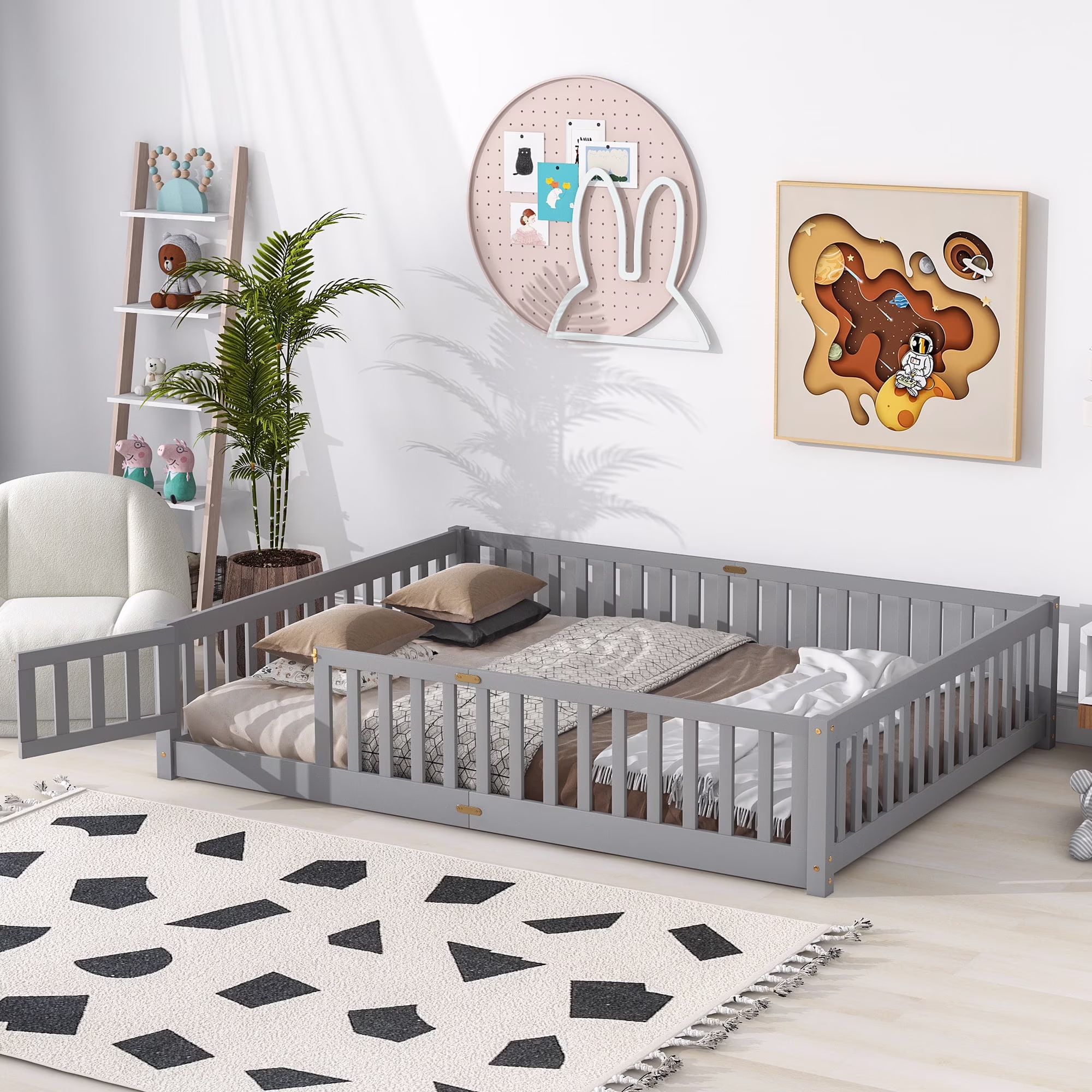 Queen Size Floor Bed for Kids, HSUNNS Queen Size Wood Toddler Floor Bed with Fence and Door, Queen Bed Montessori Floor Bed No Box Spring needed, Toddler Bed for Boys Girls, Slats Support, Gray