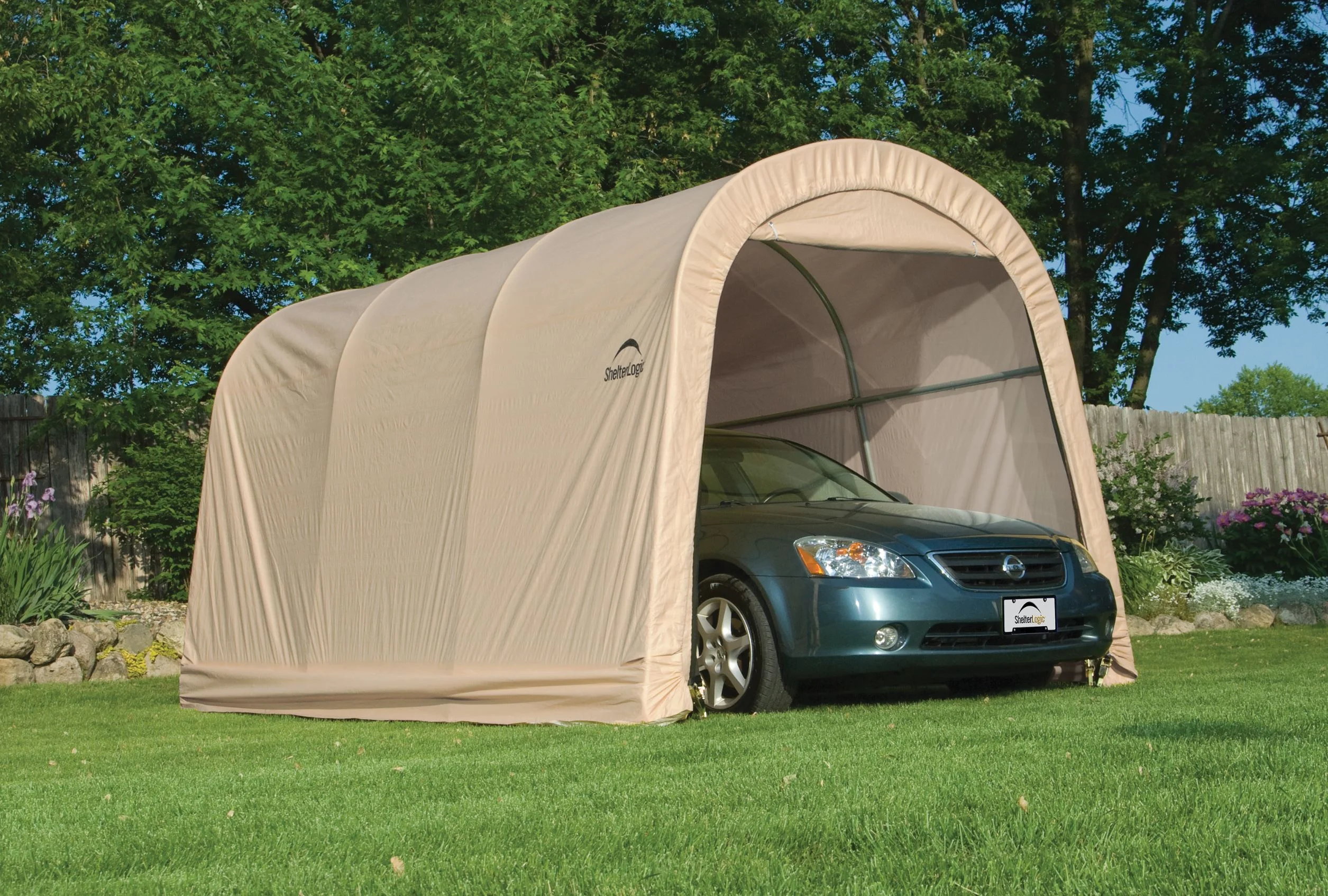 ShelterLogic AutoShelter Steel Instant Garage, 10 x 15 x 8 ft, Sandstone, Round