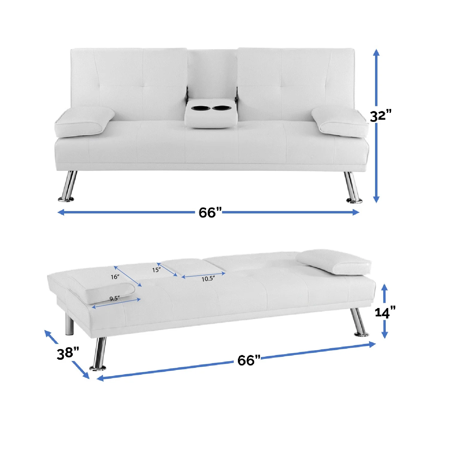 White Convertible Futon Sofa, Modern Reclining Black Sleeper Sofa, Faux Leather Futon Sofa Bed with Armrest and Cupholders