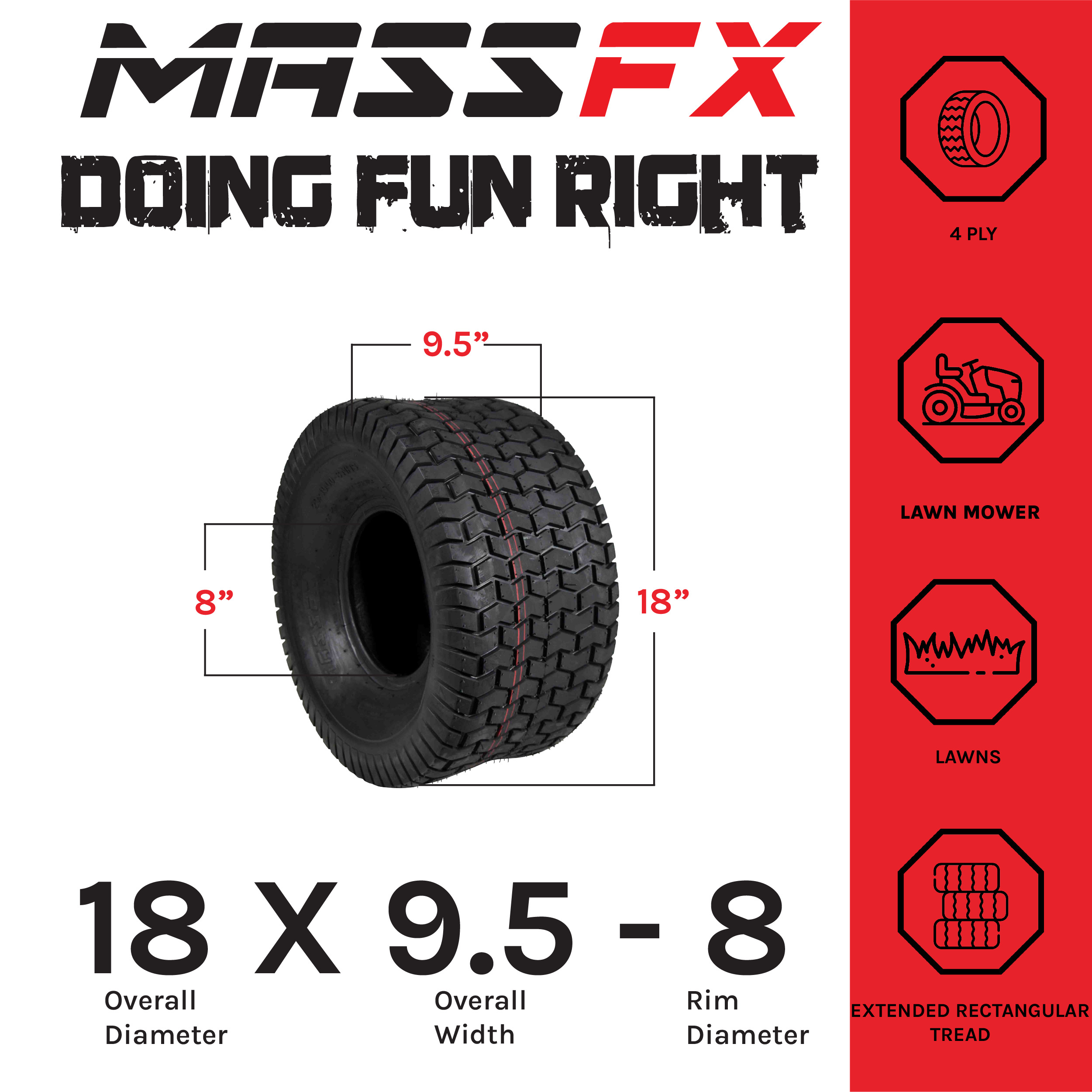 MASSFX 18x9.5-8 Golf Cart, ATV, Lawn Mower, Lawn & Garden Tire 4 Ply with 5mm Tread Depth 18x9.5x8 (4 Pack)