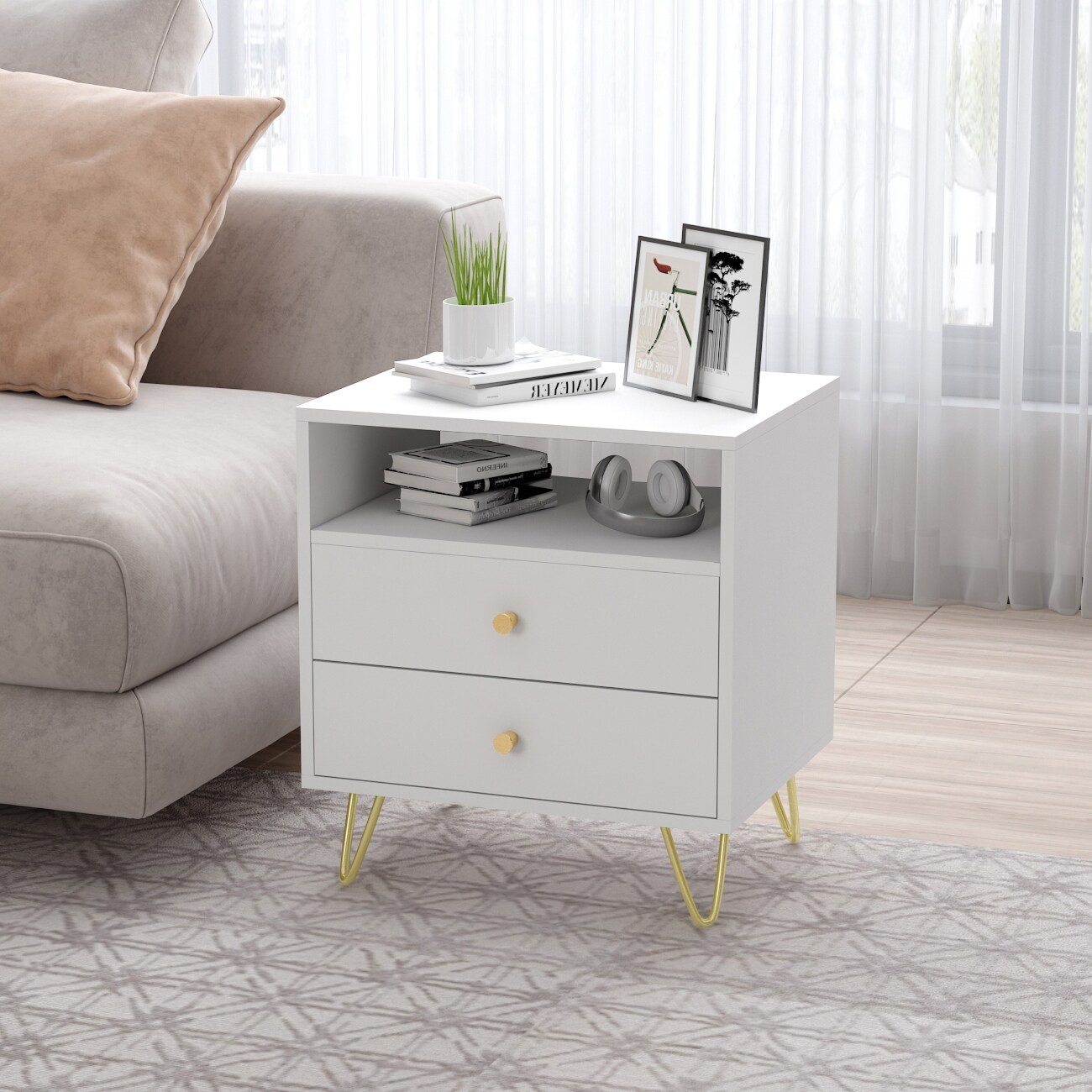 Modern White 2-drawer Nightstand with Hairpin Legs