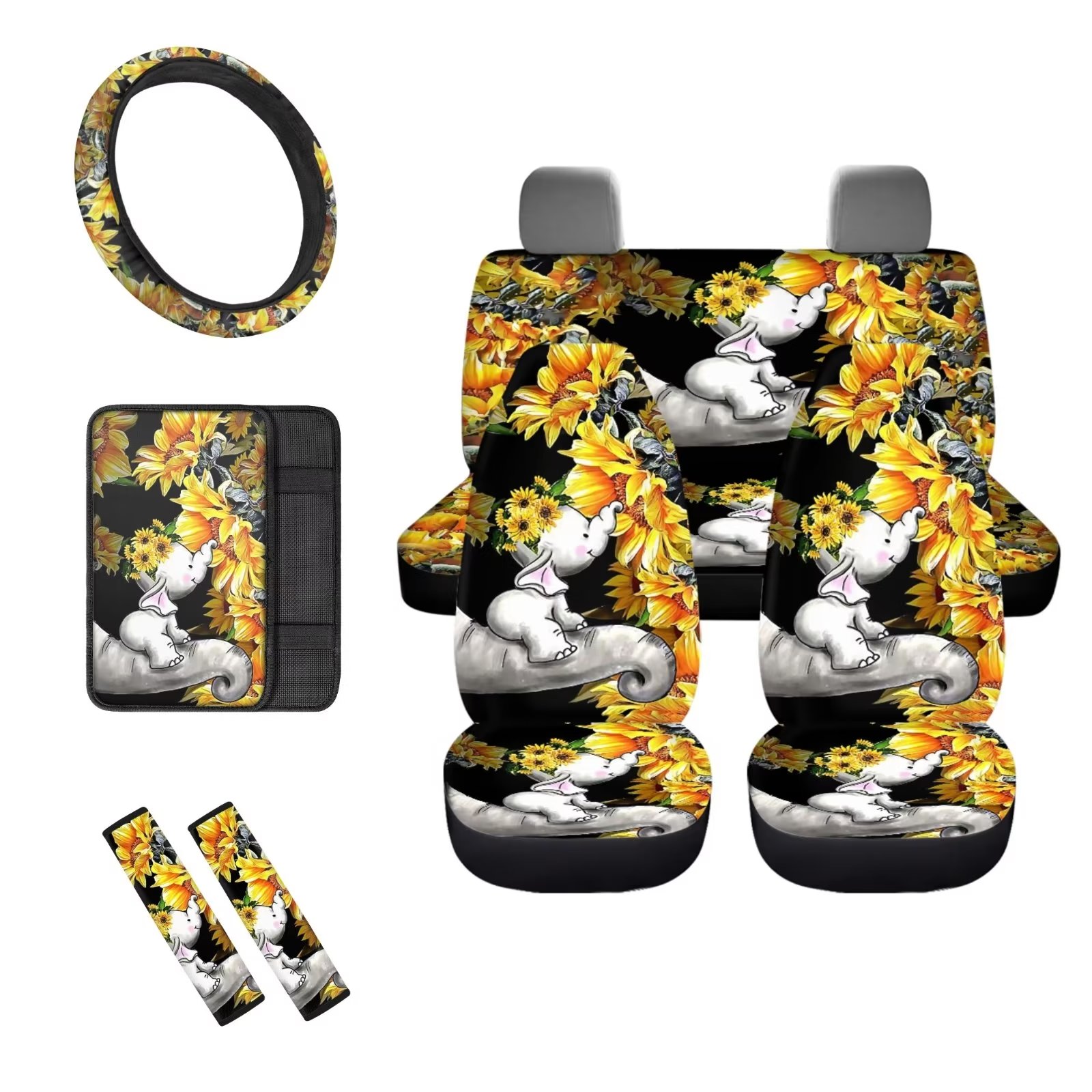 Binienty Auto Protection Car Seat Cover for Carseat Accessories-1 Elephant Steering Wheel Cover+4 Sunflower Front Rear Saddle Blanket Pad+2 Seatbelt Auto Decor+1 Armrest Pad for Most Vehicles