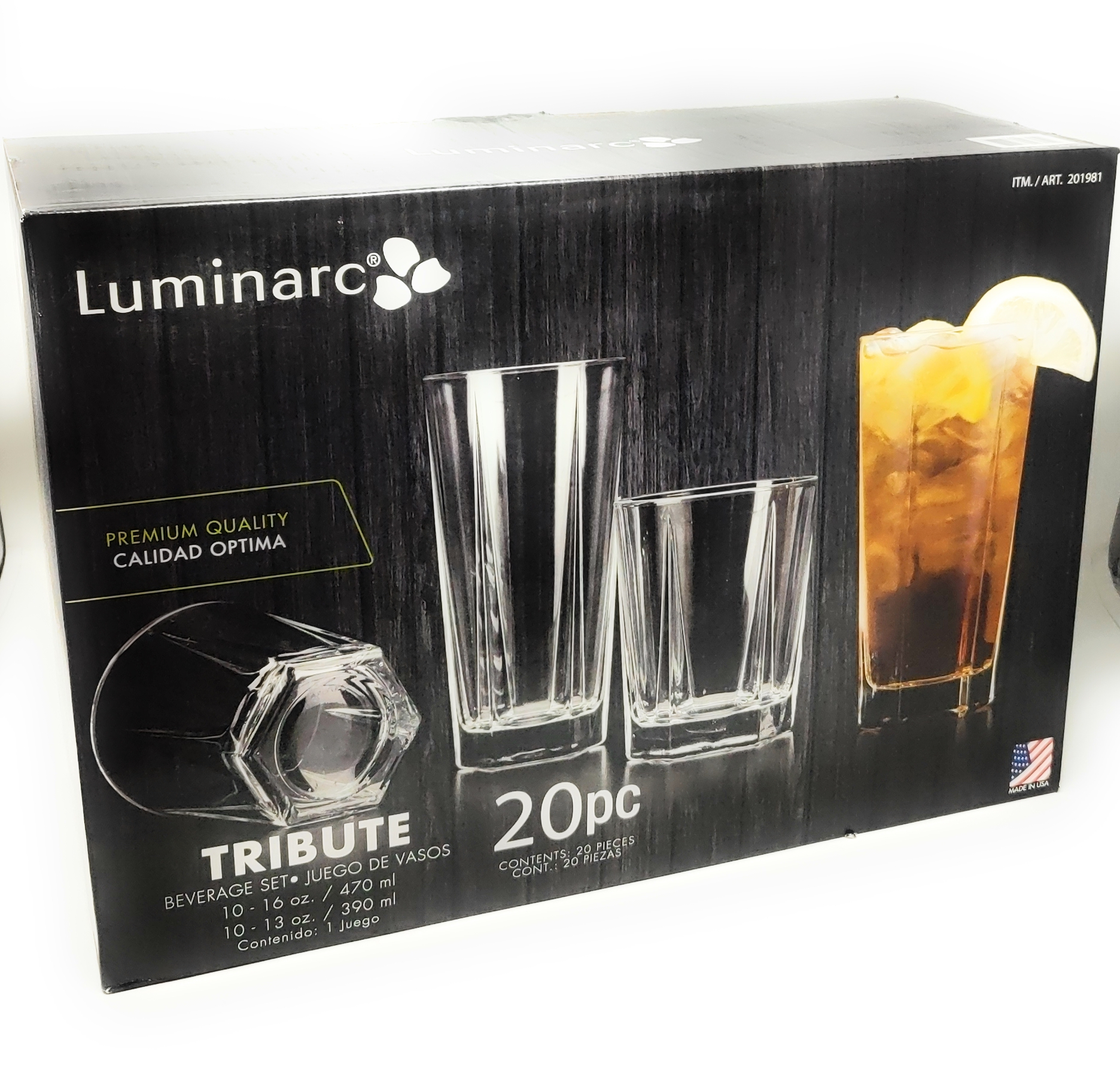 Luminarc Tribute 20-Piece Clear Drinking Glasses and Tumbler Set: 10 - 13 oz. and 10 - 16 oz. Glasses