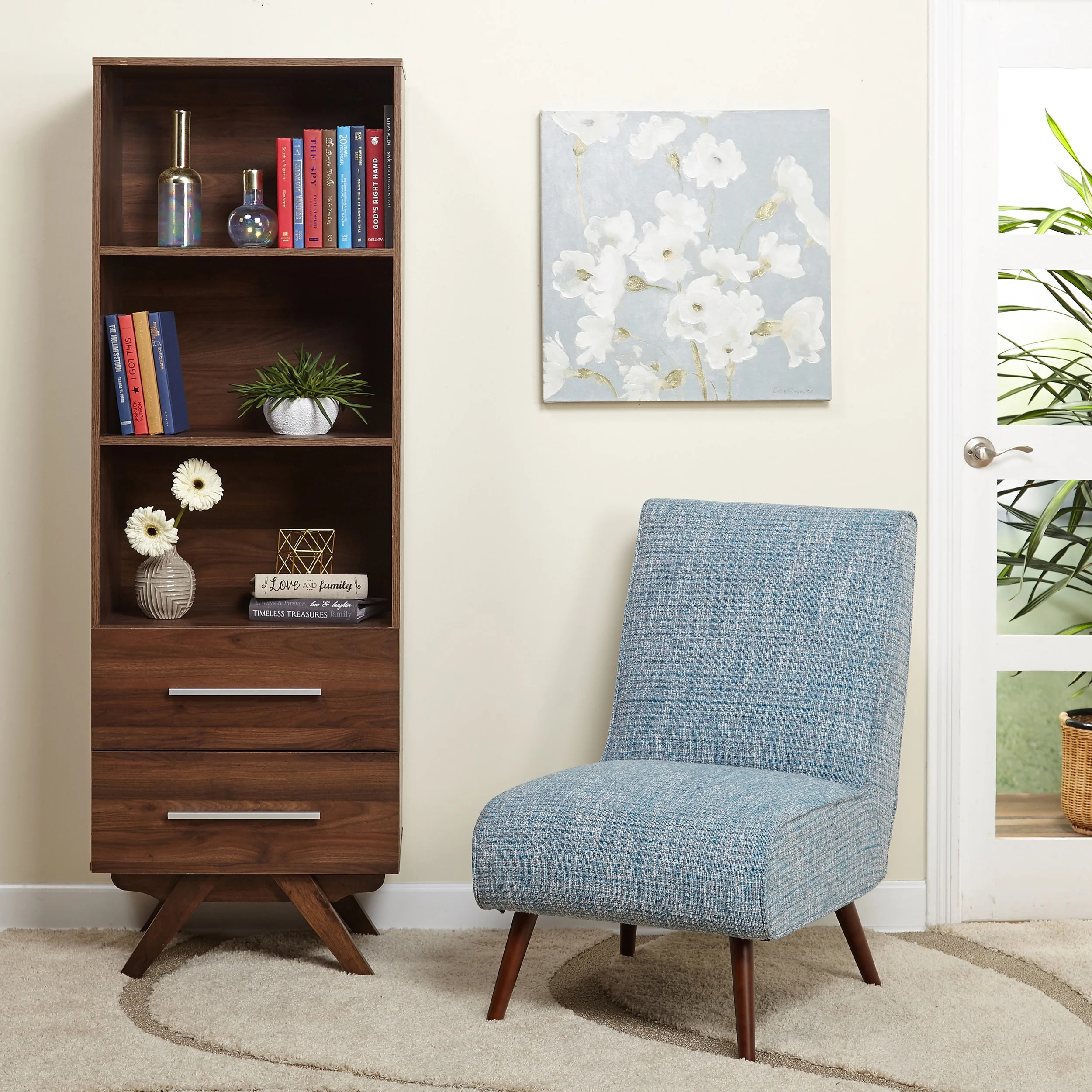 Simple Living  Ashfield Mid Century Walnut finish Bookshelf Tower with Two (2) drawers