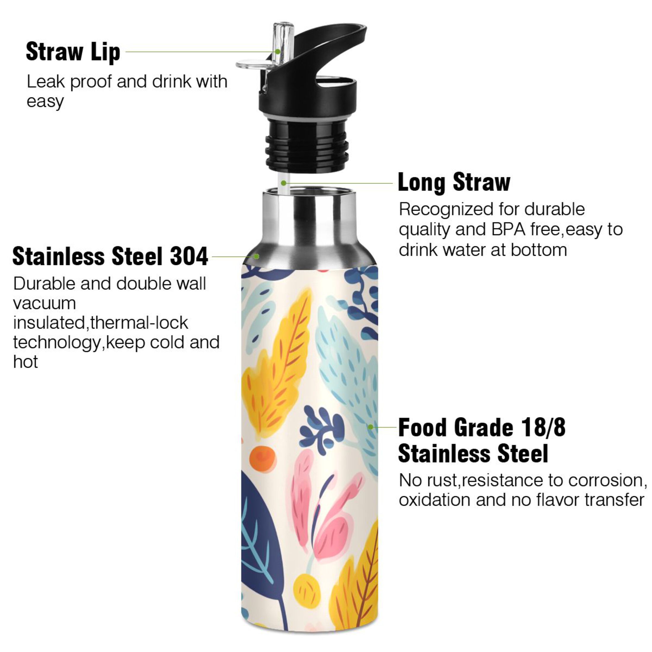 Leaves Autumn Water Bottles Insulated Thermos Kids Stainless Steel Bottle with Straw Lid Flask Leakproof for Sports Gym 20 oz