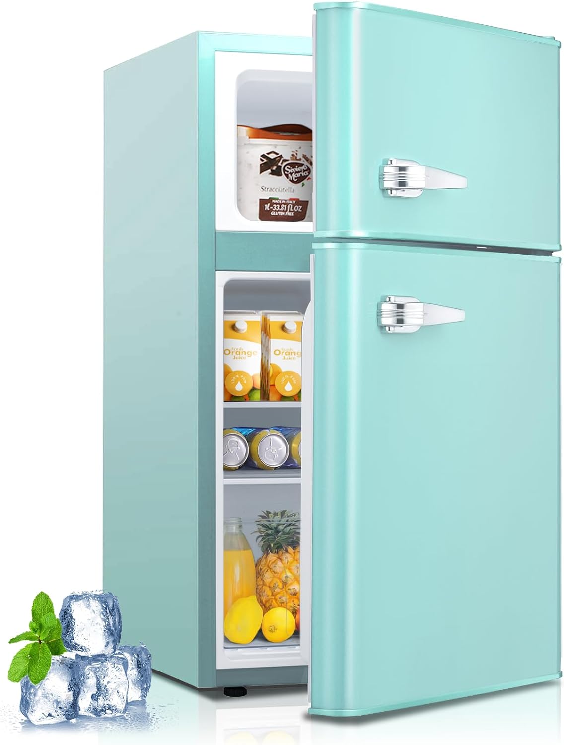 Mini Fridge With Freezer,3.2 Cu.Ft Compact Mini Refrigerator With Double 2 Door,Adjustable Temperature,Full Size For Home,Kitchen,Dorm,Apartment, Green