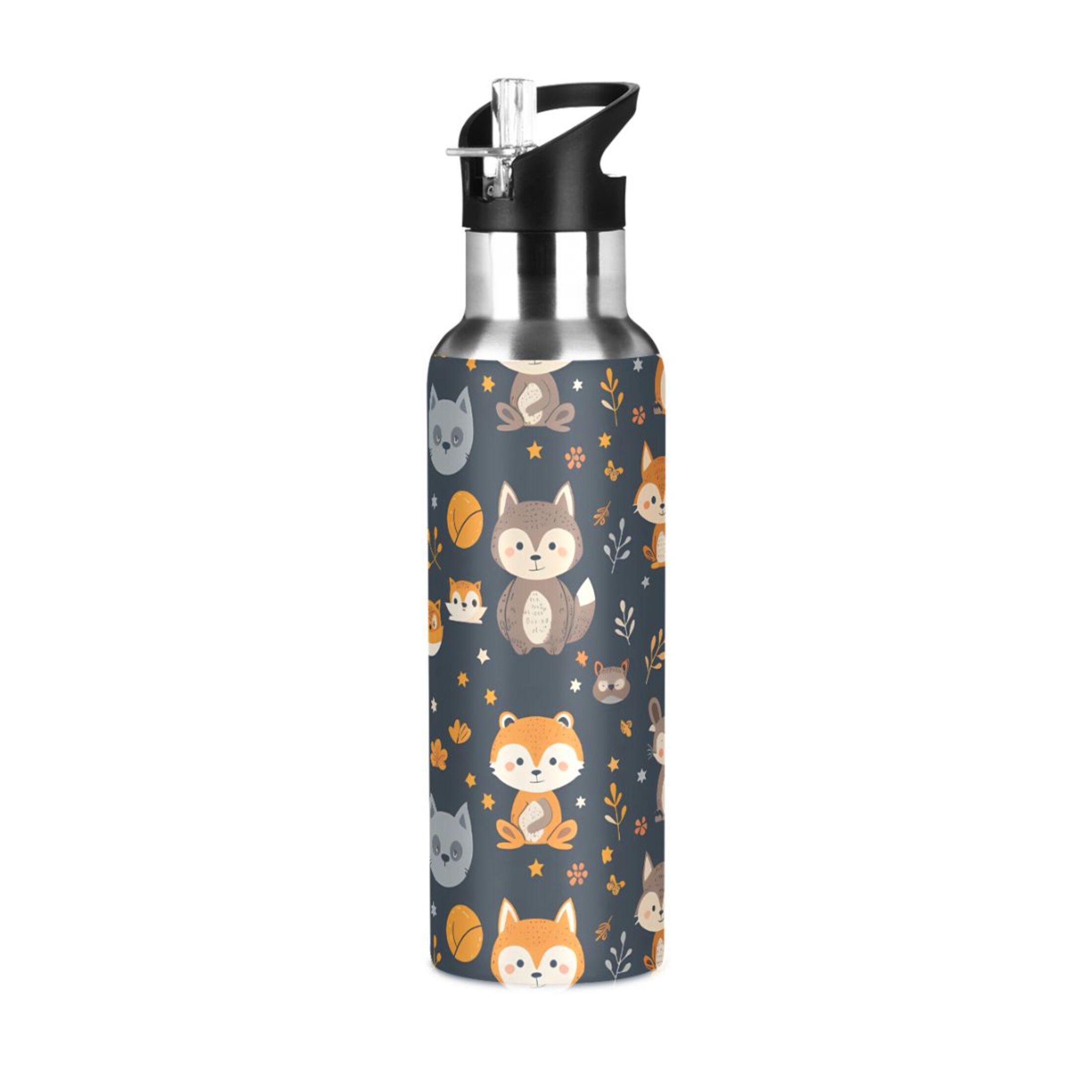Cute Cartoon Foxes Water Bottles Insulated Thermos Kids Stainless Steel Bottle with Straw Lid Flask Leakproof for Sports Gym 20 oz