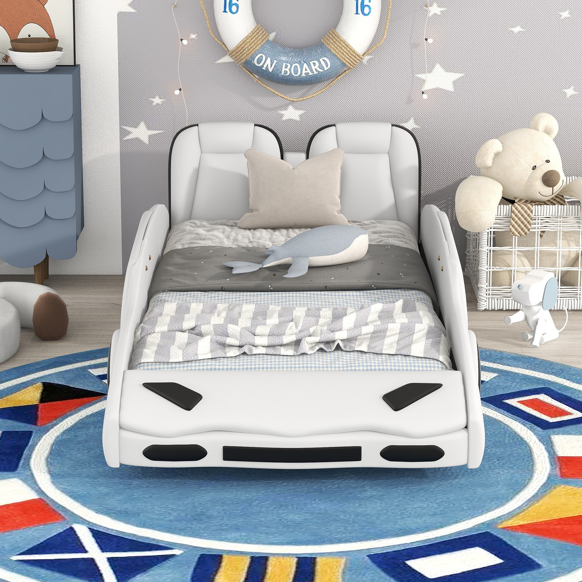 Dawn Whisper Twin Size Race Car-Shaped Platform Bed with Wheels, White