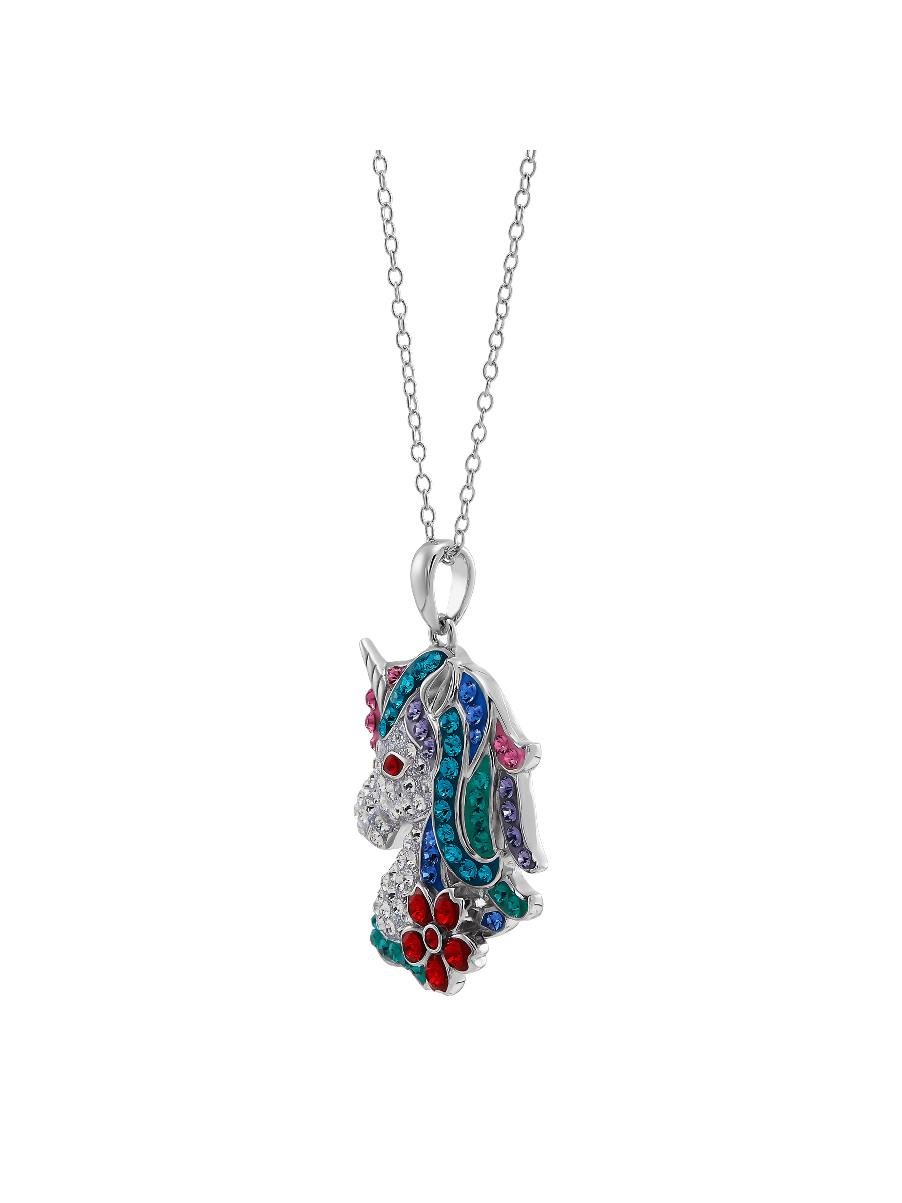 Women's Finecraft Multi-Color Crystal Unicorn Pendant Necklace in Sterling Silver, 16