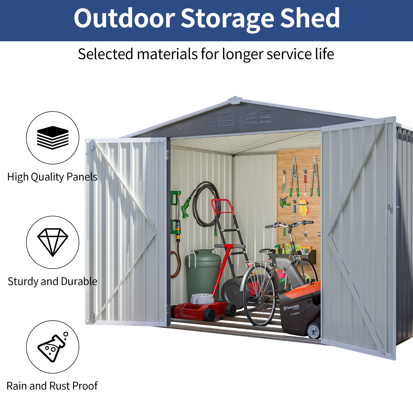 SYTHERS 8' x 6' Outdoor Storage Shed with Lockable Doors, All Weather Metal Garden Tool Sheds for Garden, Patio, Backyard, Lawn, Grey