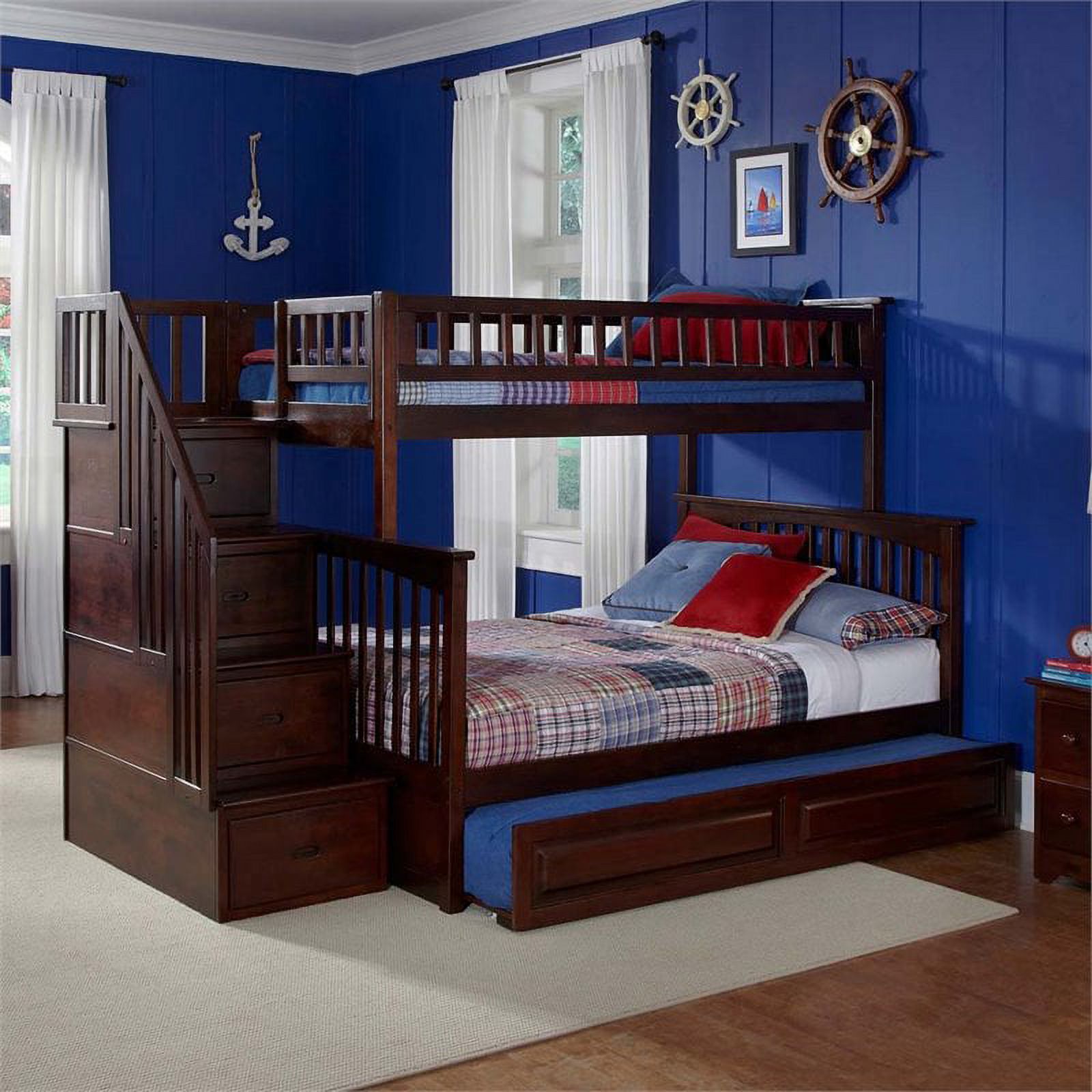 Leo & Lacey Wooden Twin Over Full Staircase Trundle Bunk Bed Walnut