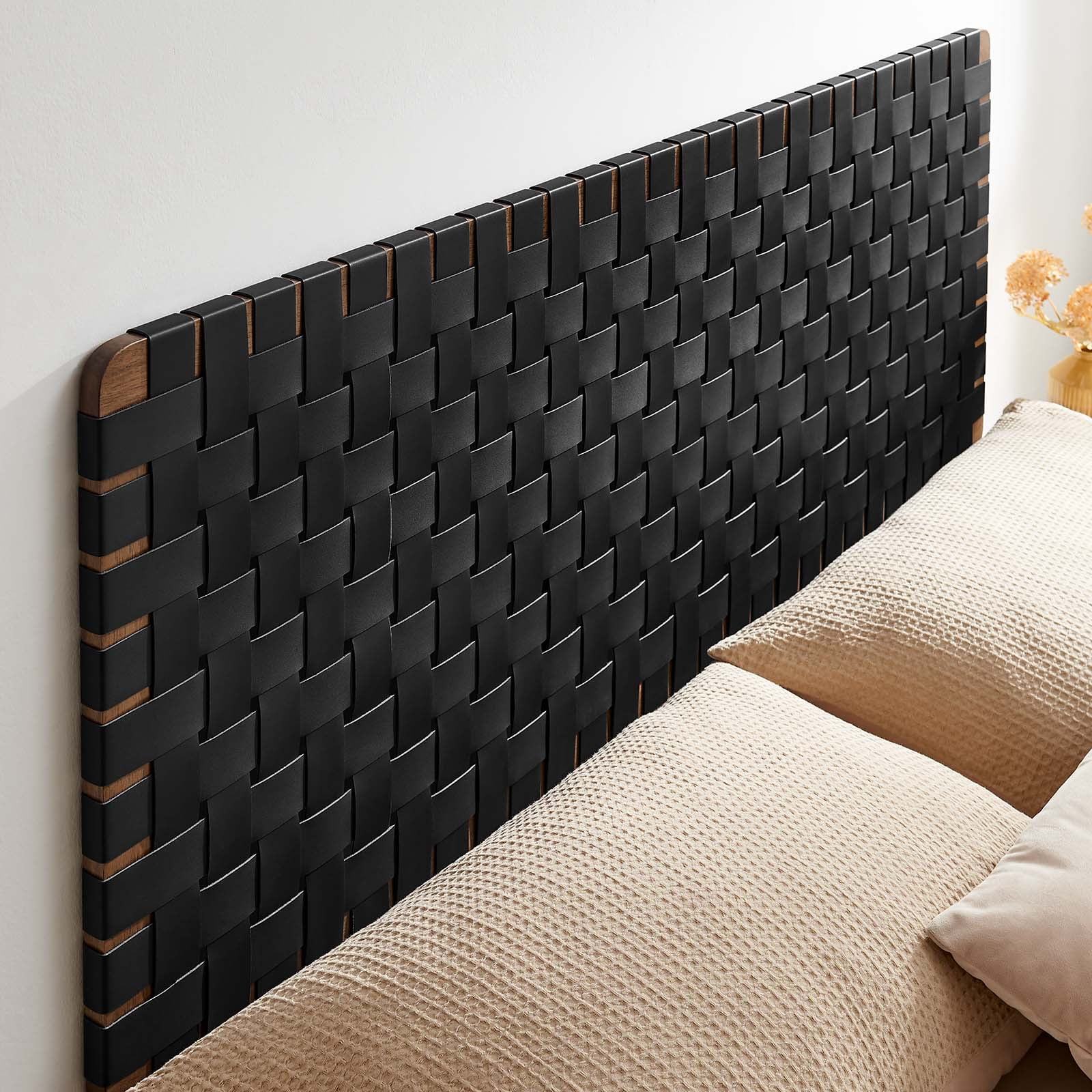 Modway Sparta Weave Wall-Mount Queen Vegan Leather Headboard in Walnut Black