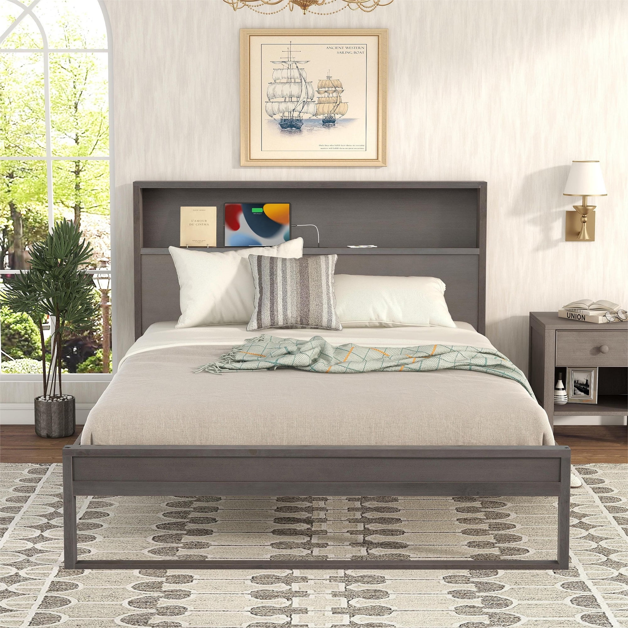 CoSoTower Platform Bed with Storage Headboard, Sockets and USB Ports, Queen Size Platform Bed, Antique Gray