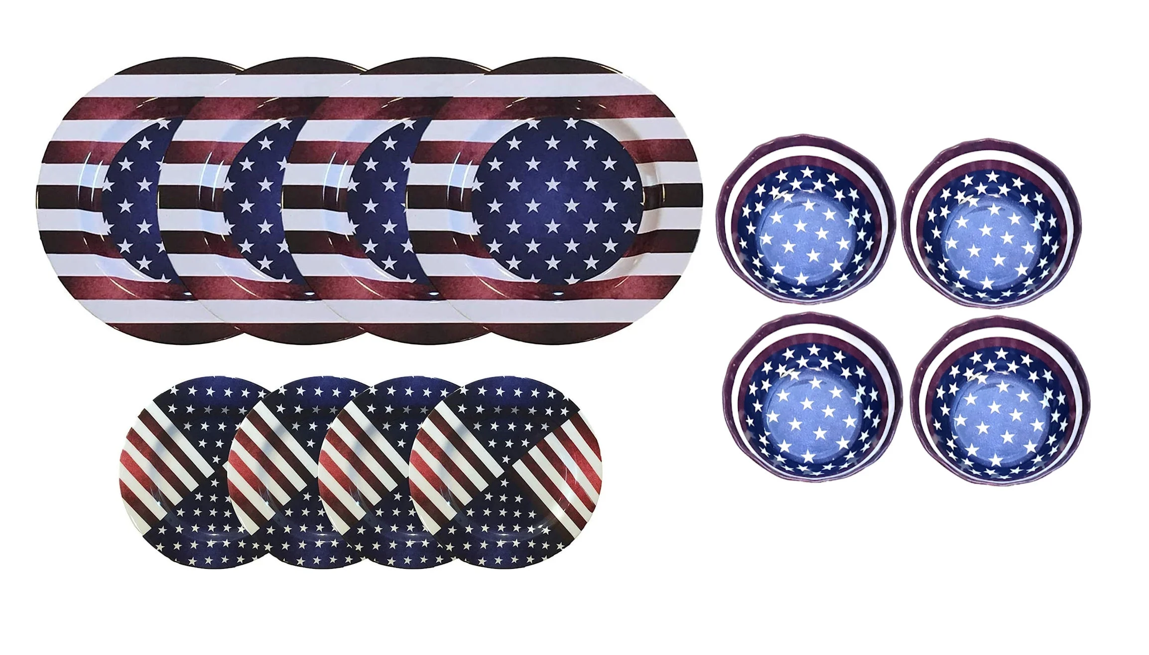 Nicole Home Collection Melamine Patriotic Collection Bundle: 4 Pack of 10.5” Plates + 4 Pack of 8.5” Plates + 4 Pack of 24oz Bowls