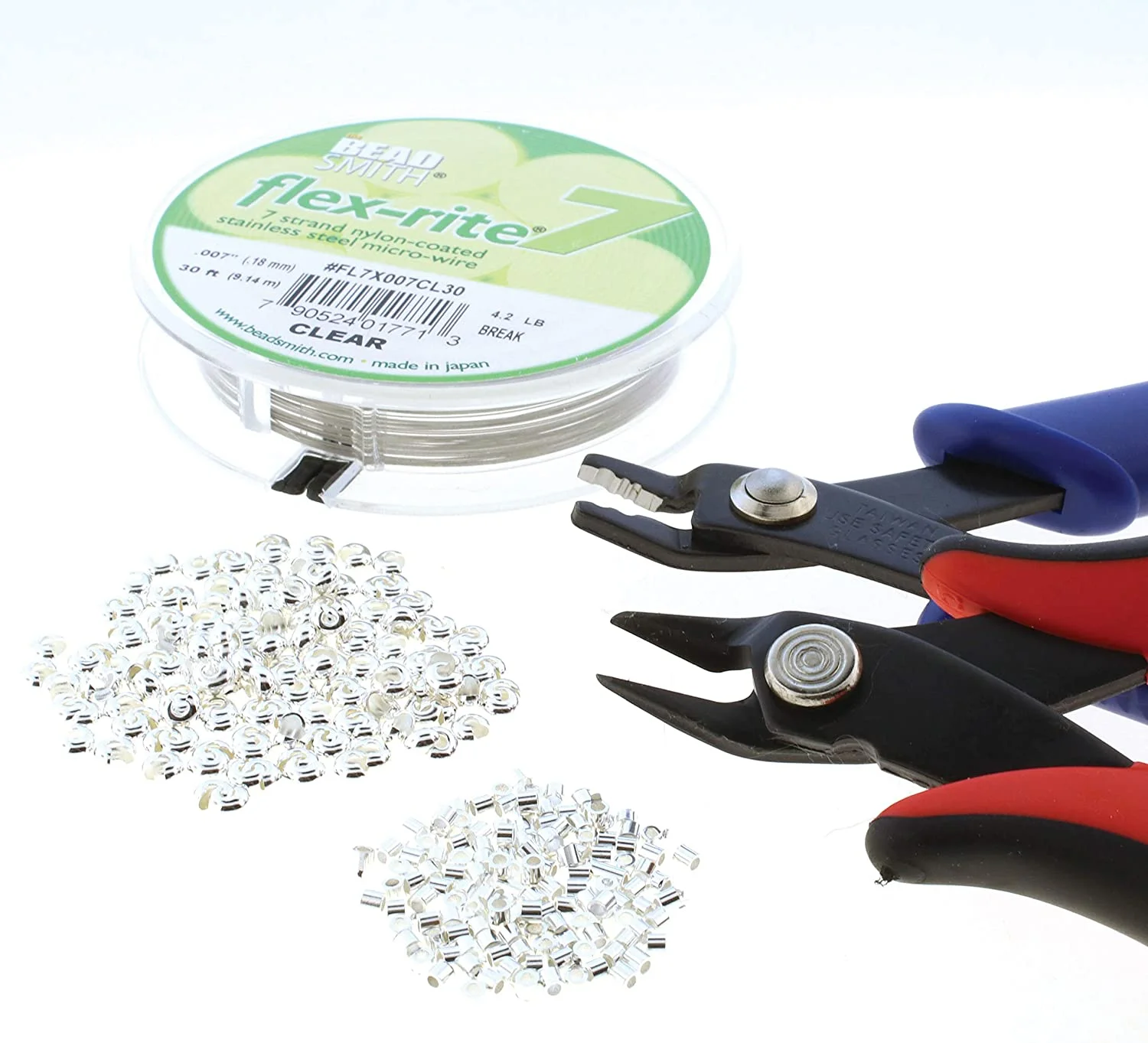 The Beadsmith Crimper Mega Kit, Includes Crimp Forming Pliers, Cutter, 2x2mm Crimp Tubes, 3mm Crimp Bead Covers & 7-Strand FlexRite Wire, Create Rounded Crimps Every Time, No Sharp Edges