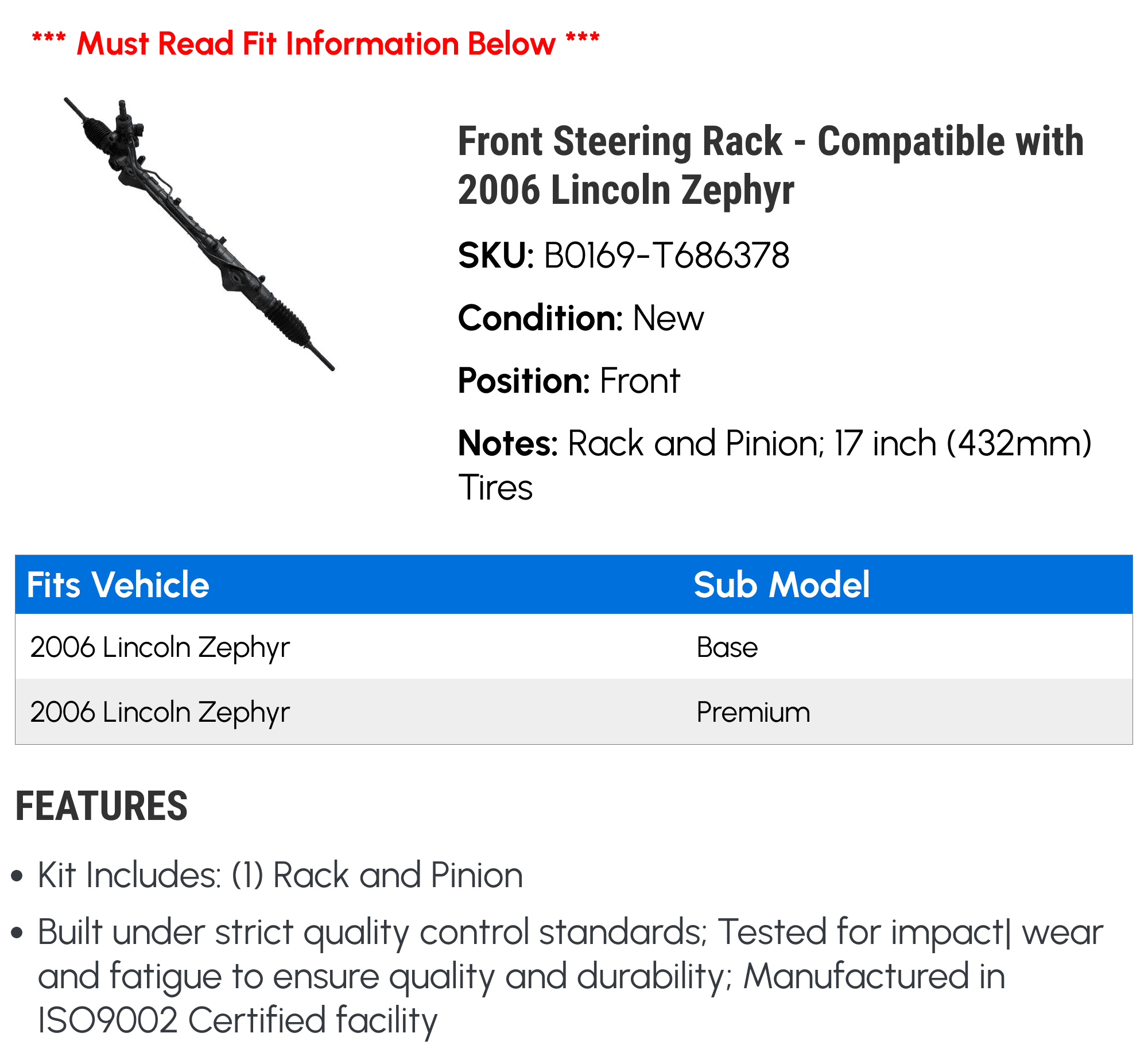 Front Steering Rack - Compatible with 2006 Lincoln Zephyr
