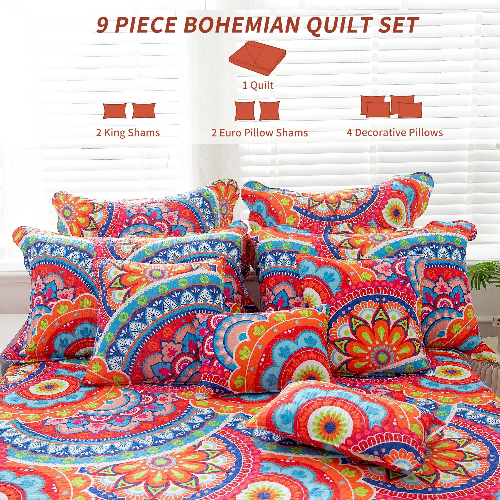 BYBYME 9-Piece Floral Pattern Cotton Quilt Set Orange-Bohemian - Queen