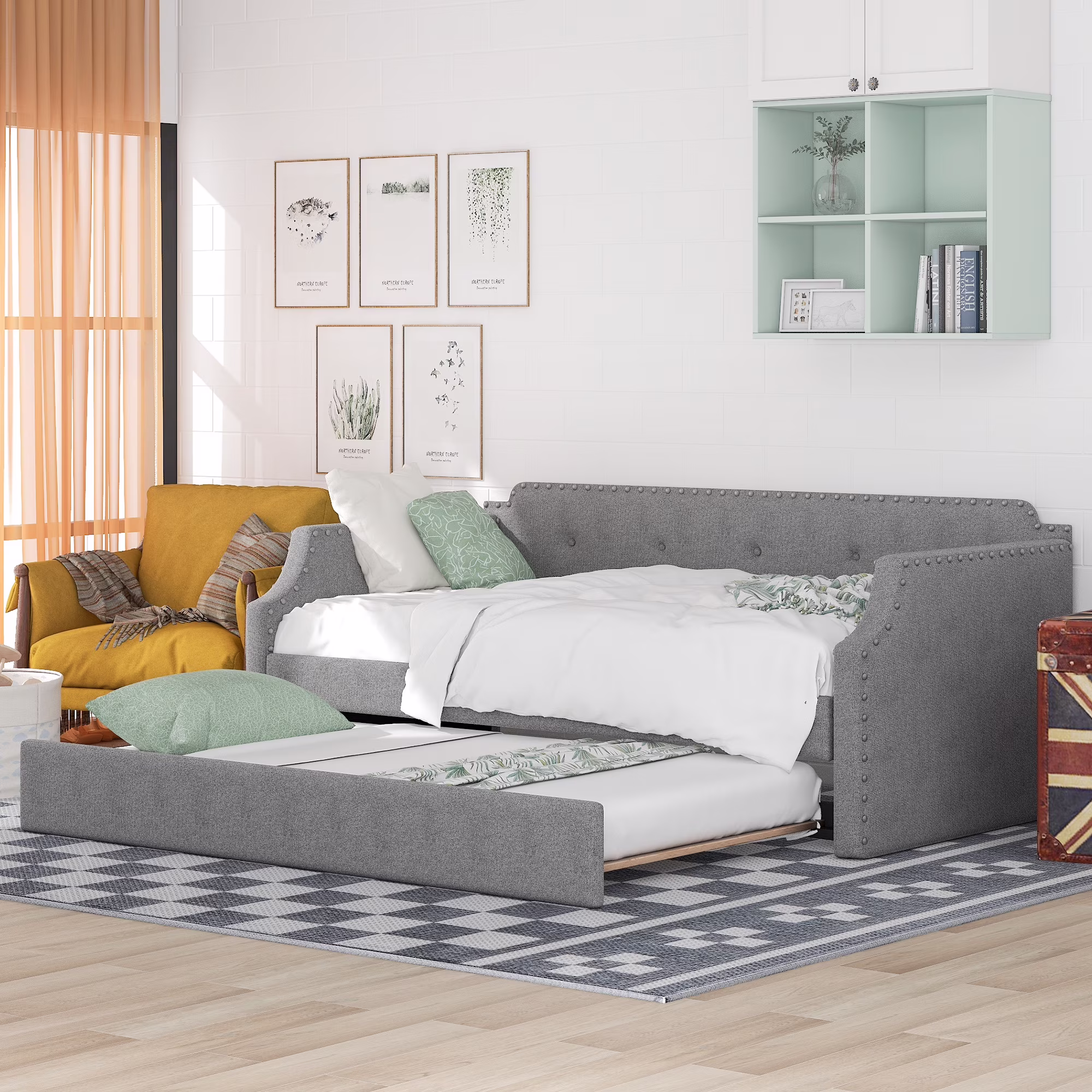 Euroco Twin Upholstered Daybed with Trundle for Kids, Gray