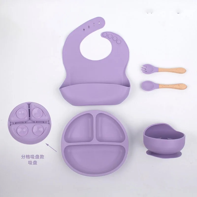 5Pcs Baby Silicone Tableware Set Infant Solid Color Waterproof Bib Newborn Feeding Burp Toddler Dinner Plate And Mini Spoon