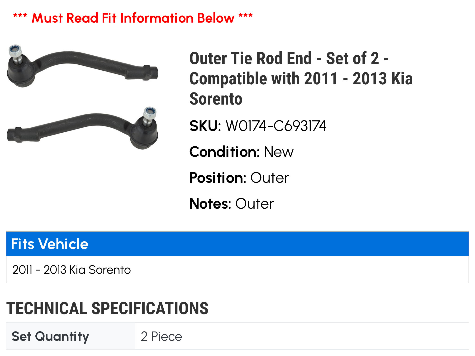 Outer Tie Rod End - Set of 2 - Compatible with 2011 - 2013 Kia Sorento 2012