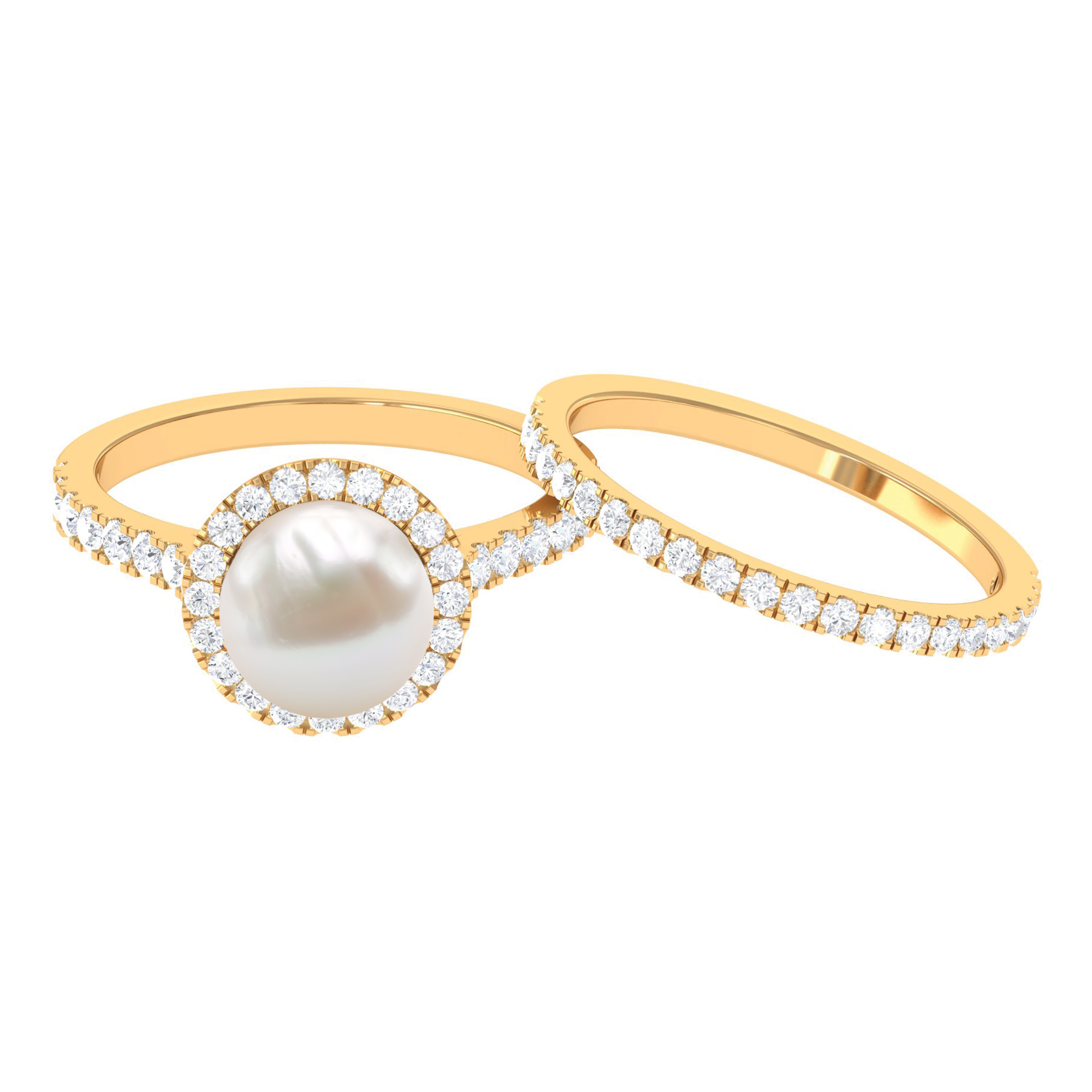 Freshwater Pearl Ring Set with Moissanite for Women, Stackable Ring Set - 9 Carat, 10K Yellow Gold, US 5.00