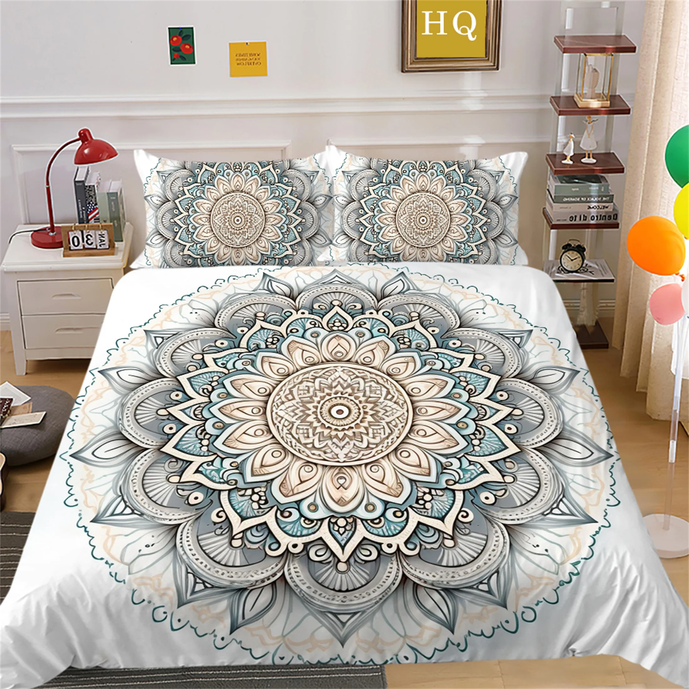 Home Bedding Suit 3D Bohemian Mandala Flower Duvet Covers Set Quilt Covers Pillowcase,King (90