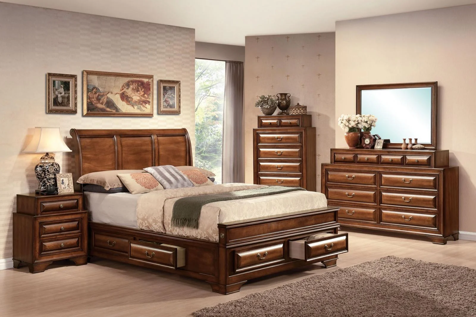 Brown Cherry Storage King Bedroom Set 5Pcs Konane 20444EK Acme Traditional