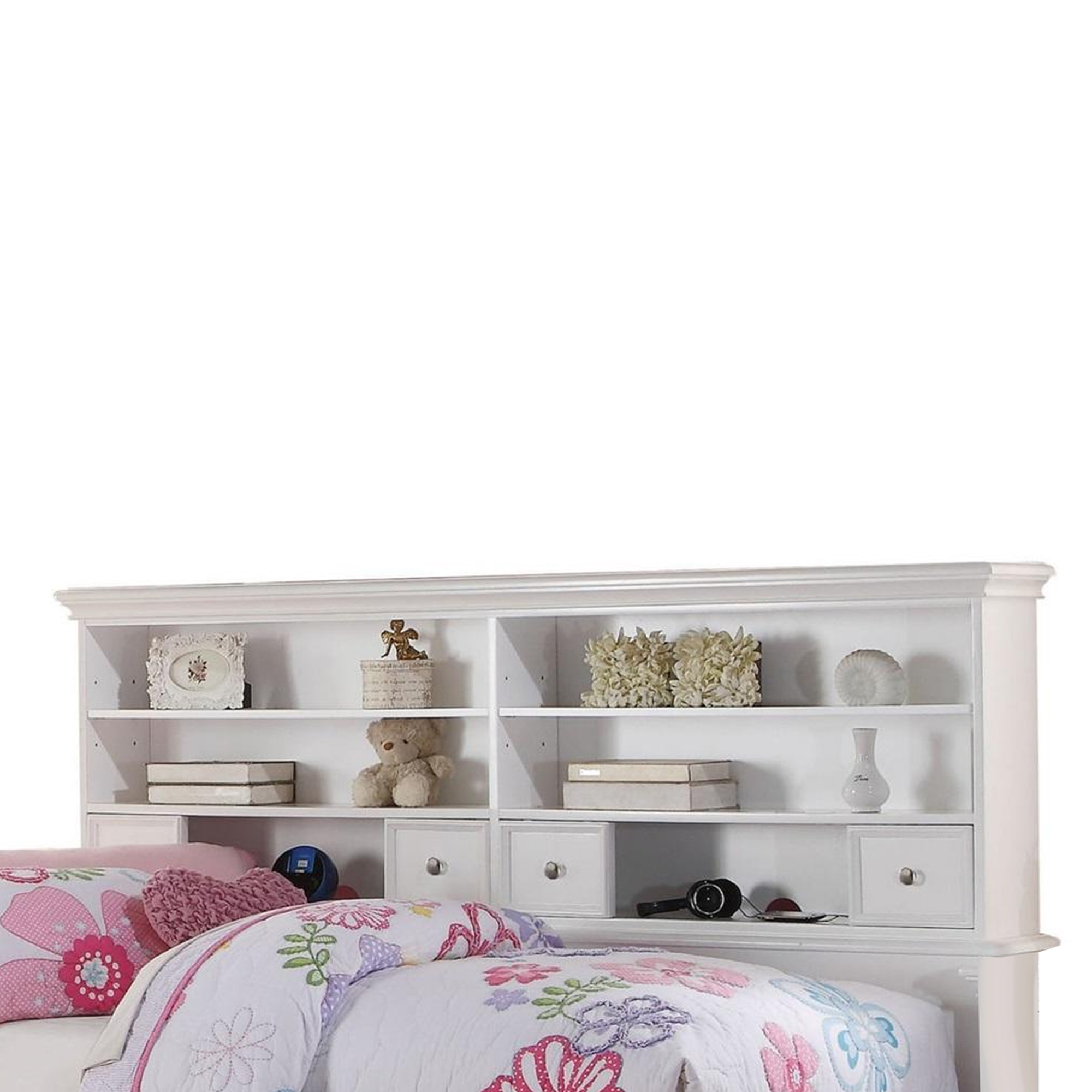 Contemporary Style Full Size Bed with Bookcase Headboard and Multiple Storage, White