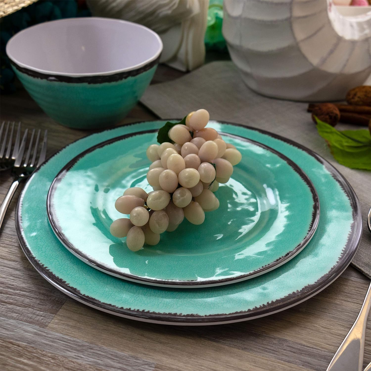 Lightweight Dinnerware Set, 12 Piece, Turquoise And Dark Trim