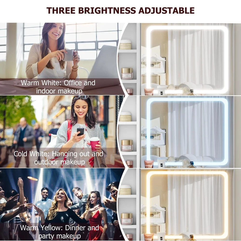 Towallmark LED Dresser Set, Mirror And Light, Adjustable 3 Color Lighting, Small Makeup Dresser, Drawer, Chair, Bedroom, Storage, Girl,White