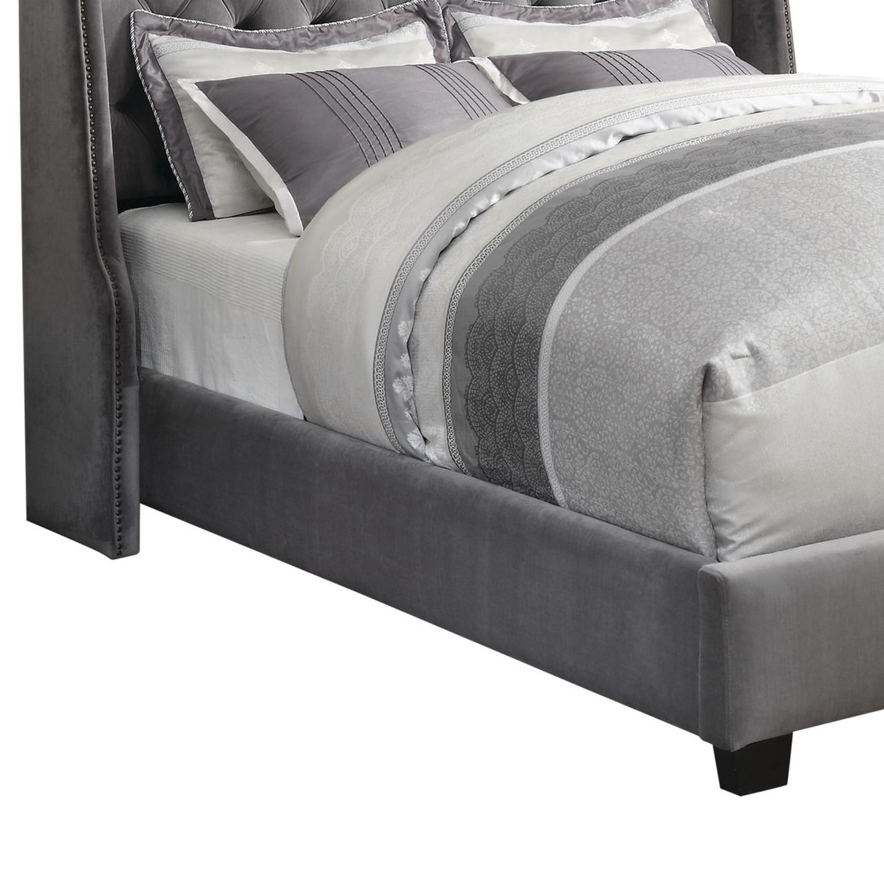 Benjara Fabric Upholstered Wooden Eastern King Size Bed with Winged Headboard, Gray